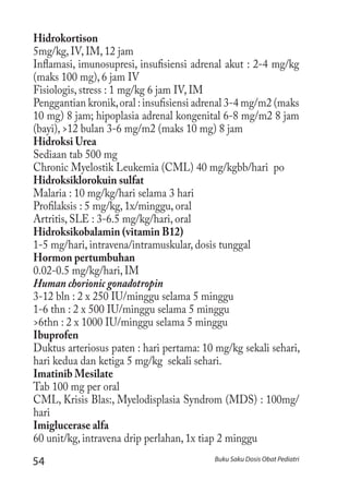 54 Buku Saku Dosis Obat Pediatri
Hidrokortison
5mg/kg, IV, IM, 12 jam
Inflamasi, imunosupresi, insufisiensi adrenal akut : 2-4 mg/kg
(maks 100 mg), 6 jam IV
Fisiologis, stress : 1 mg/kg 6 jam IV, IM
Penggantian kronik,oral :insufisiensi adrenal 3-4 mg/m2 (maks
10 mg) 8 jam; hipoplasia adrenal kongenital 6-8 mg/m2 8 jam
(bayi), >12 bulan 3-6 mg/m2 (maks 10 mg) 8 jam
Hidroksi Urea
Sediaan tab 500 mg
Chronic Myelostik Leukemia (CML) 40 mg/kgbb/hari po
Hidroksiklorokuin sulfat
Malaria : 10 mg/kg/hari selama 3 hari
Profilaksis : 5 mg/kg, 1x/minggu, oral
Artritis, SLE : 3-6.5 mg/kg/hari, oral
Hidroksikobalamin (vitamin B12)
1-5 mg/hari, intravena/intramuskular, dosis tunggal
Hormon pertumbuhan
0.02-0.5 mg/kg/hari, IM
Human chorionic gonadotropin
3-12 bln : 2 x 250 IU/minggu selama 5 minggu
1-6 thn : 2 x 500 IU/minggu selama 5 minggu
>6thn : 2 x 1000 IU/minggu selama 5 minggu
Ibuprofen
Duktus arteriosus paten : hari pertama: 10 mg/kg sekali sehari,
hari kedua dan ketiga 5 mg/kg sekali sehari.
Imatinib Mesilate
Tab 100 mg per oral
CML, Krisis Blas:, Myelodisplasia Syndrom (MDS) : 100mg/
hari
Imiglucerase alfa
60 unit/kg, intravena drip perlahan, 1x tiap 2 minggu
 