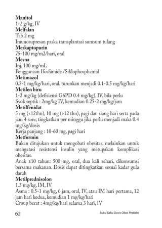 62 Buku Saku Dosis Obat Pediatri
Manitol
1-2 g/kg, IV
Melfalan
Tab 2 mg
Imunosupresan paska transplantasi sumsum tulang
Merkaptopurin
75-100 mg/m2/hari, oral
Mesna
Inj. 100 mg/mL
Penggunaan Ifosfamide /Siklophosphamid
Metimazol
0.3-1 mg/kg/hari, oral, turunkan menjadi 0.1-0.5 mg/kg/hari
Metilen biru
1-2 mg/kg (defisiensi G6PD 0.4 mg/kg), IV, bila perlu
Syok septik : 2mg/kg IV, kemudian 0.25-2 mg/kg/jam
Metilfenidat
5 mg (<12thn), 10 mg (>12 thn), pagi dan siang hari serta pada
jam 4 sore; tingkatkan per minggu jika perlu menjadi maks 0.4
mg/kg/dosis
Kerja panjang : 10-60 mg, pagi hari
Metformin
Bukan ditujukan untuk mengobati obesitas, melainkan untuk
mengatasi resistensi insulin yang merupakan komplikasi
obesitas.
Anak ≥10 tahun: 500 mg, oral, dua kali sehari, dikonsumsi
bersama makanan. Dosis dapat ditingkatkan sesuai kadar gula
darah
Metilprednisolon
1.3 mg/kg, IM, IV
Asma : 0.5-1 mg/kg, 6 jam, oral, IV, atau IM hari pertama, 12
jam hari kedua, kemudian 1 mg/kg/hari
Croup berat : 4mg/kg/hari selama 3 hari, IV
 