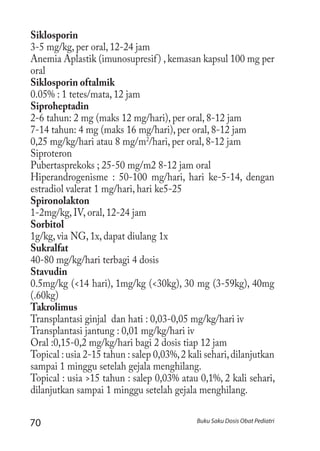 70 Buku Saku Dosis Obat Pediatri
Siklosporin
3-5 mg/kg, per oral, 12-24 jam
Anemia Aplastik (imunosupresif) ,kemasan kapsul 100 mg per
oral
Siklosporin oftalmik
0.05% : 1 tetes/mata, 12 jam
Siproheptadin
2-6 tahun: 2 mg (maks 12 mg/hari), per oral, 8-12 jam
7-14 tahun: 4 mg (maks 16 mg/hari), per oral, 8-12 jam
0,25 mg/kg/hari atau 8 mg/m2
/hari, per oral, 8-12 jam
Siproteron
Pubertasprekoks ; 25-50 mg/m2 8-12 jam oral
Hiperandrogenisme : 50-100 mg/hari, hari ke-5-14, dengan
estradiol valerat 1 mg/hari, hari ke5-25
Spironolakton
1-2mg/kg, IV, oral, 12-24 jam
Sorbitol
1g/kg, via NG, 1x, dapat diulang 1x
Sukralfat
40-80 mg/kg/hari terbagi 4 dosis
Stavudin
0.5mg/kg (<14 hari), 1mg/kg (<30kg), 30 mg (3-59kg), 40mg
(.60kg)
Takrolimus
Transplantasi ginjal dan hati : 0,03-0,05 mg/kg/hari iv
Transplantasi jantung : 0,01 mg/kg/hari iv
Oral :0,15-0,2 mg/kg/hari bagi 2 dosis tiap 12 jam
Topical : usia 2-15 tahun : salep 0,03%,2 kali sehari,dilanjutkan
sampai 1 minggu setelah gejala menghilang.
Topical : usia >15 tahun : salep 0,03% atau 0,1%, 2 kali sehari,
dilanjutkan sampai 1 minggu setelah gejala menghilang.
 