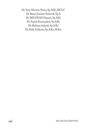 viii Buku Saku Dosis Obat Pediatri
Dr. Yetty Movieta Nency, Sp.A(K), IBCLC
Dr. Ratno Juniarto Sidauruk, Sp.A
Dr. MM DEAH Hapsari, Sp.A(K)
Dr. Nastiti Kaswandani, Sp.A(K)
Dr. Rubiana Sukardi, Sp.A(K)
Dr. Eddy Fadlyana, Sp.A(K), M.Kes
 
