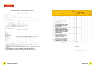 INSTRUMENPENILAIANKI-2 (SIKAP SOSIAL) 
LEMBAR PENILAIAN DIRI 
A. Petunjuk Umum 
1. Instrumen penilaian sikap sosial ini berupa Lembar Penilaian Diri. 
2. Instrumen ini diisi oleh PESERTA DIDIK untuk menilai dirinya sendiri. 
B. Petunjuk Pengisian 
1. Berdasarkan perilaku kalian selama dua minggu terakhir, nilailah sikap diri kalian sendiri dengan memberi 
tanda centang (√) pada kolom skor 4, 3, 2, atau 1 pada Lembar Penilaian Diri dengan ketentuan sebagai 
berikut: 
4 = apabila SELALU melakukan perilaku yang dinyatakan 
3 = apabila SERING melakukan perilaku yang dinyatakan 
2 = apabila KADANG-KADANG melakukan perilaku dinyatakan 
1 = apabila TIDAK PERNAH melakukan perilaku yang dinyatakan 
2. Kolom SKOR AKHIR dan KETUNTASAN diisi oleh guru. 
C. Lembar Penilaian Diri 
LEMBAR PENILAIAN DIRI 
Nama : ... 
Kelas/Nomor Urut :… 
Semester : ... 
TahunPelajaran :… 
Hari/TanggalPengisian :… 
Butir Nilai : Menunjukkan perilaku santun dan peduli dalam melaksanakan 
komunikasi interpersonal dengan guru dan teman. 
Indikator Sikap : 
1. Menyapa guru dan teman menggunakan Bahasa Inggris yang berterima. 
2. Berpamitan pada guru dan siswa menggunakan Bahasa Inggris yang berterima. 
3. Menanyakan kepada guru dan teman hal-hal yang tidak jelas berkaitan dengan konteks/materi 
pembelajaran ungkapan sapaan dan pamitan dan responsnya. 
4. Menjawab atau menjelaskan pertanyaan teman yang kurang paham dengan konteks/ materi 
ungkapan sapaan dan pamitan dan responsnya. 
5. Mengulangi ungkapan sapaan dan atau pamitan dengan lebih jelas ketika guru dan teman kurang 
paham. 
6. Menjawab sapaan guru dan teman menggunakan Bahasa Inggris yang berterima. 
7. Menjawab ungkapan pamitaan guru dan teman menggunakan Bahasa Inggris yang berterima 
No. Pernyataan 
Skor 
Perolehan 
Skor 
Skor 
Akhir Nilai 
Tuntas/ 
Tidak 
1 2 3 4 Tuntas 
1 Saat pembelajaran Bahasa Inggris, 
saya: 
2 
menyapa guru dan teman 
menggunakan Bahasa Inggris 
yang berterima. 
3 
berpamitan pada guru dan siswa 
menggunakan Bahasa Inggris 
yang berterima. 
4 
menjawab atau menjelaskan 
pertanyaan teman yang kurang 
paham dengan konteks/ materi 
ungkapan sapaan dan pamitan 
dan responsnya. 
5 
menjawab sapaan guru dan 
teman menggunakan Bahasa 
Inggris yang berterima. 
6 
menjawab ungkapan pamitaan 
guru dan teman menggunakan 
Bahasa Inggris yang berterima 
JUMLAH 
Peserta didik, 
_____________________________ 
LAMPIRAN 2B 
18 Model RPP Kurikulum 2013 Bahasa Inggris 19 
 