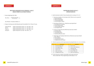 LAMPIRAN 3 LAMPIRAN 4A 
PETUNJUK PENGHITUNGAN SKOR KI-1 & KI-2 
(SIKAP SPIRITUAL & SIKAP SOSIAL) 
1. Rumus Penghitungan Skor Akhir 
Skor Akhir = 
Skor Maksimal = Banyaknya Indikator x 4 
2. Kategori nilai sikap peserta didik didasarkan pada Permendikbud No 81A Tahun 2013 yaitu: 
Sangat Baik (SB) : apabila memperoleh Skor Akhir: 3,33 < Skor Akhir ≤ 4,00 
Baik (B) : apabila memperoleh Skor Akhir: 2,33 < Skor Akhir ≤ 3,33 
Cukup (C) : apabila memperoleh Skor Akhir: 1,33 < Skor Akhir ≤ 2,33 
Kurang (K) : apabila memperoleh Skor Akhir: Skor Akhir ≤ 1,33 
INSTRUMEN PENILAIAN K-3 
(PENGETAHUAN) 
I. Read the statements carefully. Choose the right answer by crossing A, B, C or D. 
2. You meet your teacher in the morning at school. What do you say to greet her? 
A. Hi,morning Ma’am! 
B. Hello, morning Ma’am! 
C. Good morning, Ma’am! 
D. Good morning too, Ma’am! 
3. You meet your friends at 2 p.m . What do you say to greet them? 
A. Good afternoon, everybody! 
B. Good evening, friends! 
C. Good morning, everybody! 
D. Good night, friends! 
4. It’s 9 p.m. It’s time to go to bed. What do you say to your mother? 
A. Good bye, Mom! 
B. Good night, Mom! 
C. Good evening, Mom! 
D. Good bye and see you, Mom! 
5. The bell rings. You are going to leave the class. What do you say to your friends? 
A. Bye, students! 
B. See you students! 
C. Good afternoon, friends! 
D. Goodbye and see you, friends! 
II. Match the expressions with the right responses by putting the letter (a, b, c, d, or e) in the box. 
Expressions Responses 
1. Good morning, Dear! a. See you too! 
2. Good night, Mom! b. I’m very well. Thank you. 
3. See you later, Arya! c. Morning, Dad! 
4. How are you? d. Good night, Dear! 
5. Have a nice dream. e. See you. Take care! 
6. Goodbye and see you! f. Have a nice dream too. 
III. Look at the pictures carefully. Fill the bubbles with the right expressions. 
(Butir soal lihat Buku “When English Rings the Bell, halaman 15-16) 
20 Model RPP Kurikulum 2013 Bahasa Inggris 21 
 