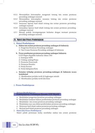 Buku Guru Kelas VIII SMP/MTs102
4.3.1	 Menunjukkan keterampilan mengamati tentang tata urutan peraturan
perundang-undangan nasional
4.3.2	 Menunjukkan keterampilan menanya tentang tata urutan peraturan
perundang-undangan nasional
4.3.3	 menyusun laporan hasil telaah tentang tata urutan peraturan perundang-
undangan nasional
4.3.4	 menyajikan laporan hasil telaah tentang tata urutan peraturan perundang-
undangan nasional
4.9.3	 Menyaji praktik kewarganegaraan berkaitan dengan mentaati peraturan
	 perundang-undangan nasional
1. Materi Pembelajaran
a.	 Makna tata urutan peraturan perundang-undangan di Indonesia
1)	 Pengertian Peraturan Perundang-undangan
2)	 Tata Urutan Peraturan Perundang-undangan di Indonesia
b.	 Proses pembuatan peraturan perundang-undangan Indonesia
UUD Negara Republik Indonesia Tahun 1945
1)	 Ketetapan MPR
2)	Undang-undang/Perpu
3)	 Peraturan Pemerintah
4)	 Peraturan Presiden
5)	 Perda Provinsi
6)	 Perda Kabupaten/Kota
c.	 Ketaatan terhadap peraturan perundang-undangan di Indonesia secara
kontekstual
1)	 Membiasakan perilaku tertib di lingkungan sekolah
2)	 Membiasakan perilaku tertib lalu lintas
2. Proses Pembelajaran
1.	 Tujuan Pembelajaran
Setelah pembelajaran diharapkan peserta didik mampu :
a.	 Menjelaskan pengertian peraturan perundang-undangan
b.	 Menjelaskan landasan hukum pembentukan peraturan perundang-undangan
c.	 Menjelaskan tata urutan peraturan perundang-undangan
d.	 Menjelaskan asas-asas dalam pembentukan peraturan perundang-undangan
e.	 Menyusun hasil telaah makna peraturan perundang-undangan
f.	 Menyaji hasil telaah peraturan perundang-undangan
2.	 Materi dan Proses Pembelajaran
Materi pokok pertemuan kedua membahas makna tata urutan peraturan
D. Materi dan Proses Pembelajaran
Pembelajaran Pertemuan Kesatu (120 Menit)
 