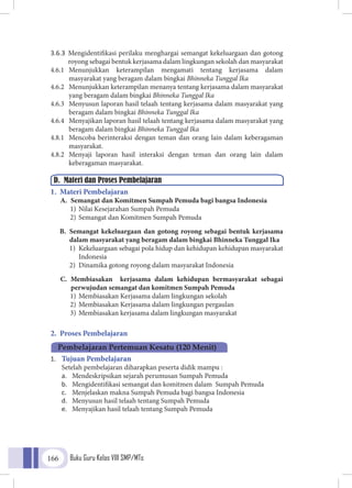 Buku Guru Kelas VIII SMP/MTs166
3.6.3	 Mengidentifikasi perilaku menghargai semangat kekeluargaan dan gotong
royong sebagai bentuk kerjasama dalam lingkungan sekolah dan masyarakat
4.6.1	Menunjukkan keterampilan mengamati tentang kerjasama dalam
masyarakat yang beragam dalam bingkai Bhinneka Tunggal Ika
4.6.2	 Menunjukkan keterampilan menanya tentang kerjasama dalam masyarakat
yang beragam dalam bingkai Bhinneka Tunggal Ika
4.6.3	 Menyusun laporan hasil telaah tentang kerjasama dalam masyarakat yang
beragam dalam bingkai Bhinneka Tunggal Ika
4.6.4	 Menyajikan laporan hasil telaah tentang kerjasama dalam masyarakat yang
beragam dalam bingkai Bhinneka Tunggal Ika
4.8.1	 Mencoba berinteraksi dengan teman dan orang lain dalam keberagaman
masyarakat.
4.8.2	Menyaji laporan hasil interaksi dengan teman dan orang lain dalam
keberagaman masyarakat.
	
1. Materi Pembelajaran
A.	 Semangat dan Komitmen Sumpah Pemuda bagi bangsa Indonesia
1)	Nilai Kesejarahan Sumpah Pemuda
2)	Semangat dan Komitmen Sumpah Pemuda
B.	 Semangat kekeluargaan dan gotong royong sebagai bentuk kerjasama
dalam masyarakat yang beragam dalam bingkai Bhinneka Tunggal Ika
1)	 Kekeluargaan sebagai pola hidup dan kehidupan kehidupan masyarakat
Indonesia
2)	 Dinamika gotong royong dalam masyarakat Indonesia
C.	 Membiasakan kerjasama dalam kehidupan bermasyarakat sebagai
perwujudan semangat dan komitmen Sumpah Pemuda
1)	Membiasakan Kerjasama dalam lingkungan sekolah
2)	Membiasakan Kerjasama dalam lingkungan pergaulan
3)	Membiasakan kerjasama dalam lingkungan masyarakat
2. Proses Pembelajaran
1.	 Tujuan Pembelajaran
	 Setelah pembelajaran diharapkan peserta didik mampu :
a.	 Mendeskripsikan sejarah perumusan Sumpah Pemuda
b.	 Mengidentifikasi semangat dan komitmen dalam Sumpah Pemuda
c.	 Menjelaskan makna Sumpah Pemuda bagi bangsa Indonesia
d.	 Menyusun hasil telaah tentang Sumpah Pemuda
e.	 Menyajikan hasil telaah tentang Sumpah Pemuda
D. Materi dan Proses Pembelajaran
Pembelajaran Pertemuan Kesatu (120 Menit)
 