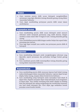 PPKn 177
Menanya
a.	 Guru meminta peserta didik secara kelompok mengidentifikasi
pertanyaan yang ingin diketahui tentang dinamika gotong royong dalam
masyarakat Indonesia.
b.	 Guru dapat membimbing pertanyaan peserta didik sesuai tujuan
pembelajaran.
Mengumpulkan Informasi
a.	 Guru membimbing peserta didik secara kelompok untuk mencari
informasi untuk menjawab pertanyaan yang sudah disusun, dengan
membaca uraian materi Bab VI bagian B sub 2 tentang dinamika gotong
royong.
a.	 Guru memfasilitasi peserta didik dengan sumber belajar lain seperti buku
penunjang atau internet.
b.	 Guru juga dapat menjadi nara sumber atas pertanyaan peserta didik di
kelompok
Mengasosiasi
a.	 Guru membimbing kelompok untuk menghubungkan informasi yang
diperoleh, seperti persamaan dan perbedaan berbagai bentuk gotong
royong.
b.	 Guru membantu peserta didik menyimpulkan tentang dinamika gotong
royong dalam masyarakat Indonesia.
Mengomunikasikan
a.	 Guru membimbing peserta didik menyusun laporan hasil telaah tentang
makna kekeluargaan dalam masyarakat Indonesia. Laporan dapat berupa
display, bahan tayang, maupun dalam bentuk kertas lembaran.
b.	 Guru membimbing setiap kelompok untuk menyajikan hasil telaah di
depan kelas. Kegiatan penyajian dapat setiap kelompok secara bergantian
di depan kelas. Atau melalui memajang hasil telaah (displai) di dinding
kelas dan kelompok lain saking mengunjungi dan memberikan komentar
atas hasil telaah kelompok lain. Guru dapat juga melakukan bentuk
penyajian sesuai kondisi sekolah.
 