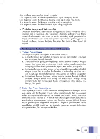 PPKn 183
Pembelajaran Pertemuan Kelima (120 Menit)
Skor penilaian menggunakan skala 1 – 4, yaitu :
Skor 1 apabila peserta didik tidak pernah sesuai aspek sikap yang dinilai
Skor 2 apabila peserta didik kadang-kadang sesuai aspek sikap yang dinilai
Skor 3 apabila peserta didik sering sesuai aspek sikap yang dinilai
Skor 4 apabila peserta didik selalu sesuai aspek sikap yang dinilai
b.	 Penilaian Kompetensi Keterampilan
	 Penilaian kompetensi keterampilan menggunakan teknik portofolio untuk
menilai hasil pengamatan dan wawancara dinamika gotongroyong dalam
masyarakat Indonesia. Instrumen portofolio mencakup aspek penyajian dan
laporanhasiltelaah.Contohintrumenpenilaianportofoliodapatmenggunakan
format penilaian Lembar Penilaian Penyajian dan Laporan Hasil telaah di
bagian 1.
1.	 Tujuan Pembelajaran
Setelah pembelajaran diharapkan peserta didik mampu :
a.	 Mengidentifikasi perwujudan kerjasama sebagai perwujudan semangat
dan komitmen Sumpah Pemuda
b.	 Mencoba bentuk gotong royong sebagai bentuk intekasi interaksi dengan
teman dan orang lain berdasarkan prinsip saling menghormati, dan
menghargai dalam keberagaman suku, agama, ras, budaya, dan gender
c.	 Menyusunlaporankegiatangotongroyongsebagaibentukintekasiinteraksi
dengan teman dan orang lain berdasarkan prinsip saling menghormati,
dan menghargai dalam keberagaman suku, agama, ras, budaya, dan gender
d.	 Menyajikan laporan kegiatan gotong royong sebagai bentuk intekasi
interaksi dengan teman dan orang lain berdasarkan prinsip saling
menghormati, dan menghargai dalam keberagaman suku, agama, ras,
budaya, dan gender
2.	 Materi dan Proses Pembelajaran
	 Materi pokok pertemuan kelima membahas tentang berinteraksi dengan teman
dan orang lain berdasarkan prinsip saling menghormati, dan menghargai
dalam keberagaman suku, agama, ras, budaya, dan gender . Materi pokok ini
memiliki alokasi waktu 1 x 120 menit atau satu kali pertemuan. Pendekatan
pembelajaran menggunakan probem base learning, metode diskusi dengan
model pembelajaran pengabdian masyarakat . Kegiatan pembelajaran sesuai
pendekatan saintifik mulai dari mengamati, menanya, mencari informasi,
mengasosiasikan, dan mengomunikasikan.
 