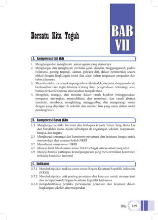 PPKn 189
BAB
VII
A. Kompetensi Inti (KI)
Bersatu Kita Teguh
1.	 Menghargai dan menghayati ajaran agama yang dianutnya.
2.	 Menghargai dan menghayati perilaku jujur, disiplin, tanggungjawab, peduli
(toleransi, gotong royong), santun, percaya diri, dalam berinteraksi secara
efektif dengan lingkungan sosial dan alam dalam jangkauan pergaulan dan
keberadaannya.
3.	 Memahamidanmenerapkanpengetahuan(faktual,konseptual,danprosedural)
berdasarkan rasa ingin tahunya tentang ilmu pengetahuan, teknologi, seni,
budaya terkait fenomena dan kejadian tampak mata.
4.	 Mengolah, menyaji, dan menalar dalam ranah konkret (menggunakan,
mengurai, merangkai, memodifikasi, dan membuat) dan ranah abstrak
(menulis, membaca, menghitung, menggambar, dan mengarang) sesuai
dengan yang dipelajari di sekolah dan sumber lain yang sama dalam sudut
pandang/teori.
1.1	 Menghargai perilaku beriman dan bertaqwa kepada Tuhan Yang Maha Esa
dan berakhlak mulia dalam kehidupan di lingkungan sekolah, masyarakat,
bangsa, dan negara
2.5	 Menghargai semangat dan komitmen persatuan dan kesatuan bangsa untuk
memperkuat dan memperkokoh NKRI
3.7	 Memahami unsur-unsur NKRI
4.7	 Menyaji hasil telaah unsur-unsur NKRI sebagai satu kesatuan yang utuh
4.9	 Menyaji bentuk partisipasi kewarganegaraan yang mencerminkan komitmen
terhadap keutuhan nasional
3.7.1	 Mendeskripsikan makna unsur-unsur Negara Kesatuan Republik Indonesia
(NKRI)
3.7.2	 Mendeskripsikan arti penting persatuan dan kesatuan untuk memperkuat
dan memperkokoh Negara Kesatuan Republik Indonesia
3.7.3	 mengidentifikasi perilaku perwujudan persatuan dan kesatuan dalam
lingkungan sekolah dan masyarakat
B. Kompetensi Dasar (KD)
C. Indikator
 