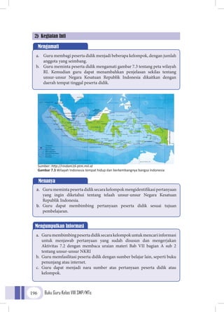 Buku Guru Kelas VIII SMP/MTs196
2) Kegiatan Inti
Mengamati
a.	 Guru membagi peserta didik menjadi beberapa kelompok, dengan jumlah
anggota yang seimbang.
b.	 Guru meminta peserta didik mengamati gambar 7.3 tentang peta wilayah
RI. Kemudian guru dapat menambahkan penjelasan sekilas tentang
unsur-unsur Negara Kesatuan Republik Indonesia dikaitkan dengan
daerah tempat tinggal peserta didik.
Menanya
a.	 Gurumemintapesertadidiksecarakelompokmengidentifikasipertanyaan
yang ingin diketahui tentang telaah unsur-unsur Negara Kesatuan
Republik Indonesia.
b.	 Guru dapat membimbing pertanyaan peserta didik sesuai tujuan
pembelajaran.
Mengumpulkan Informasi
a.	 Gurumembimbingpesertadidiksecarakelompokuntukmencariinformasi
untuk menjawab pertanyaan yang sudah disusun dan mengerjakan
Aktivitas 7.2 dengan membaca uraian materi Bab VII bagian A sub 2
tentang unsur-unsur NKRI
b.	 Guru memfasilitasi peserta didik dengan sumber belajar lain, seperti buku
penunjang atau internet.
c.	 Guru dapat menjadi nara sumber atas pertanyaan peserta didik atau
kelompok.
Sumber: http://rindam16-ptm.mil.id
Gambar 7.3 Wilayah Indonesia tempat hidup dan berkembangnya bangsa Indonesia
 