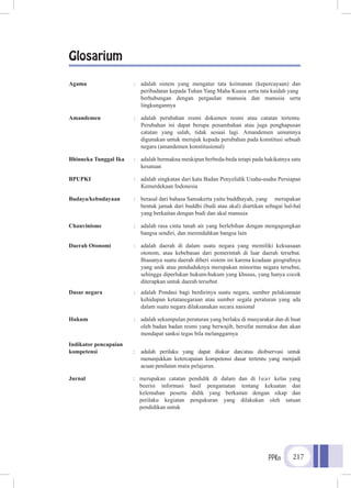 PPKn 217
Glosarium
Agama	 :	 adalah sistem yang mengatur tata keimanan (kepercayaan) dan
peribadatan kepada Tuhan Yang Maha Kuasa serta tata kaidah yang
		 berhubungan dengan pergaulan manusia dan manusia serta
lingkungannya
Amandemen 	 :	 adalah perubahan resmi dokumen resmi atau catatan tertentu.
Perubahan ini dapat berupa penambahan atau juga penghapusan
catatan yang salah, tidak sesuai lagi. Amandemen umumnya
digunakan untuk merujuk kepada perubahan pada konstitusi sebuah
negara (amandemen konstitusional)
Bhinneka Tunggal Ika	 :	 adalah bermakna meskipun berbeda-beda tetapi pada hakikatnya satu
kesatuan
BPUPKI 	 :	 adalah singkatan dari kata Badan Penyelidik Usaha-usaha Persiapan
Kemerdekaan Indonesia
Budaya/kebudayaan	 :	 berasal dari bahasa Sansakerta yaitu buddhayah, 	yang merupakan
bentuk jamak dari buddhi (budi atau akal) diartikan sebagai hal-hal
yang berkaitan dengan budi dan akal manusia
Chauvinisme	 :	 adalah rasa cinta tanah air yang berlebihan dengan mengagungkan
bangsa sendiri, dan merendahkan bangsa lain
Daerah Otonomi 	 :	 adalah daerah di dalam suatu negara yang memiliki kekuasaan
otonom, atau kebebasan dari pemerintah di luar daerah tersebut.
Biasanya suatu daerah diberi sistem ini karena keadaan geografinya
yang unik atau penduduknya merupakan minoritas negara tersebut,
sehingga diperlukan hukum-hukum yang khusus, yang hanya cocok
diterapkan untuk daerah tersebut
Dasar negara 	 :	 adalah Pondasi bagi berdirinya suatu negara, sumber pelaksanaan
kehidupan ketatanegaraan atau sumber segala peraturan yang ada
dalam suatu negara dilaksanakan secara nasional
Hukum 	 :	 adalah sekumpulan peraturan yang berlaku di masyarakat dan di buat
oleh badan badan resmi yang berwajib, bersifat memaksa dan akan
mendapat sanksi tegas bila melanggarnya
Indikator pencapaian
kompetensi 	 :	 adalah perilaku yang dapat diukur dan/atau diobservasi untuk
			 menunjukkan ketercapaian kompetensi dasar tertentu yang menjadi
			acuan penilai­an mata pelajaran.
Jurnal 	 :	merupakan catatan pendidik di dalam dan di luar kelas yang
			beerisi informasi hasil pengamatan tentang kekuatan dan
			 kelemahan peserta didik yang berkaitan dengan sikap dan
			perilaku kegiatan pengukuran yang dilakukan oleh satuan
			 pendidikan untuk
 