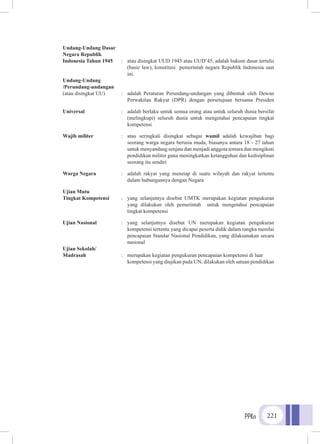 PPKn 221
Undang-Undang Dasar
Negara Republik
Indonesia Tahun 1945	 :	 atau disingkat UUD 1945 atau UUD‘45, adalah hukum dasar tertulis
			 (basic law), konstitusi pemerintah negara Republik Indonesia saat
			ini.
Undang-Undang
/Perundang-undangan
(atau disingkat UU) 	 :	 adalah Peraturan Perundang-undangan yang dibentuk oleh Dewan
			 Perwakilan Rakyat (DPR) dengan persetujuan bersama Presiden
Universal 	 :	 adalah berlaku untuk semua orang atau untuk seluruh dunia bersifat
			 (melingkupi) seluruh dunia untuk mengetahui pencapaian tingkat
			kompetensi
Wajib militer 	 :	 atau seringkali disingkat sebagai wamil adalah kewajiban bagi
			seorang warga negara berusia muda, biasanya antara 18 - 27 tahun
			 untuk menyandang senjata dan menjadi anggota tentara dan mengikuti
			 pendidikan militer guna meningkatkan ketangguhan dan kedisiplinan
			 seorang itu sendiri
Warga Negara 	 :	 adalah rakyat yang menetap di suatu wilayah dan rakyat tertentu
			 dalam hubungannya dengan Negara
Ujian Mutu
Tingkat Kompetensi	 :	 yang selanjutnya disebut UMTK merupakan kegiatan pengukuran
			 yang dilakukan oleh pemerintah untuk mengetahui pencapaian
			tingkat kompetensi
Ujian Nasional	 :	yang selanjutnya disebut UN merupakan kegiatan pengukuran
			kompetensi tertentu yang dicapai peserta didik dalam rangka menilai
			 pencapaian Standar Nasional Pendidikan, yang dilaksanakan secara
			nasional
Ujian Sekolah/
Madrasah 	 :	 merupakan kegiatan pengukuran pencapaian kompetensi di luar
			kompetensi yang diujikan pada UN, dilakukan oleh satuan pendidikan
 