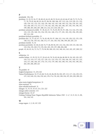 PPKn 223
P
penduduk 194, 196
penilaian 31, 32, 33, 34, 37, 38, 40, 43, 44, 45, 48, 53, 54, 61, 62, 63, 66, 67, 68, 72, 73, 74, 76,
77, 78, 79, 85, 86, 89, 93, 94, 97, 98, 99, 100, 106, 107, 112, 116, 119, 120, 121, 122,
128, 129, 132, 133, 135, 136, 139, 140, 142, 143, 148, 149, 152, 156, 159, 161, 162,
163, 168, 169, 172, 173, 177, 178, 181, 182, 184, 185, 186, 187, 192, 193, 196, 197,
199, 200, 203, 204, 207, 208, 211, 212, 213, 218, 220, 221
penilaian antarpeserta didik 37, 38, 62, 67, 73, 76, 85, 89, 93, 97, 106, 112, 116, 119, 128,
132, 135, 139, 148, 152, 156, 159, 161, 168, 172, 177, 181, 185, 192, 196, 199, 203,
207, 211, 220
penilaian berbasis portofolio 31
penilaian diri 31, 37, 62, 67, 73, 76, 85, 89, 93, 97, 106, 112, 116, 119, 128, 132, 135, 139,
148, 152, 156, 159, 161, 168, 172, 177, 181, 185, 192, 196, 199, 203, 207, 211
penilaian otentik 31, 32
penilaian portofolio 43, 48, 63, 68, 74, 77, 86, 89, 94, 107, 112, 116, 120, 129, 133, 140, 149,
152, 156, 159, 169, 173, 178, 182, 185, 193, 197, 200, 204, 208
projek 43, 44, 45, 54, 73, 74, 77, 79, 94, 98, 100, 122, 143, 160, 161, 163, 185, 187, 209, 212
S
solidaritas 14
sumber belajar 15, 29, 52, 53, 57, 59, 63, 65, 70, 76, 82, 84, 86, 88, 90, 91, 94, 103, 105, 107,
110, 113, 114, 117, 125, 127, 129, 131, 133, 134, 137, 138, 146, 147, 149, 151, 153,
154, 157, 160, 166, 167, 170, 174, 176, 179, 180, 183, 190, 191, 194, 195, 198, 201,
202, 205, 206, 209, 221
T
Tes praktik 43
tingkat kompetensi 31, 219, 222
Tujuan Pembelajaran 52, 57, 63, 68, 74, 81, 82, 86, 89, 94, 102, 107, 113, 117, 124, 129, 133,
137, 145, 149, 152, 156, 159, 165, 170, 174, 178, 182, 189, 194, 197, 201, 205, 209, 221
U
ujian mutu tingkat kompetensi 31
ujian nasional 31
ujian sekolah/madrasah 31
ulangan 31, 35, 41, 43, 67, 211, 221, 222
ulangan akhir semester 211
ulangan harian 43, 67
Undang-Undang Dasar Negara Republik Indonesia Tahun 1945 3, 4, 7, 8, 9, 10, 11, 80,
101, 144, 145
W
warga negara 1, 2, 18, 147, 222
 