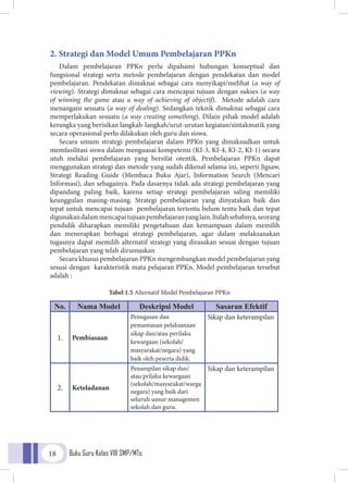 Buku Guru Kelas VIII SMP/MTs18
2. Strategi dan Model Umum Pembelajaran PPKn
Dalam pembelajaran PPKn perlu dipahami hubungan konseptual dan
fungsional strategi serta metode pembelajaran dengan pendekatan dan model
pembelajaran. Pendekatan dimaknai sebagai cara menyikapi/melihat (a way of
viewing). Strategi dimaknai sebagai cara mencapai tujuan dengan sukses (a way
of winning the game atau a way of achieving of objectif). Metode adalah cara
menangani sesuatu (a way of dealing). Sedangkan teknik dimaknai sebagai cara
memperlakukan sesuatu (a way creating something). Dilain pihak model adalah
kerangka yang berisikan langkah-langkah/urut-urutan kegiatan/sintakmatik yang
secara operasional perlu dilakukan oleh guru dan siswa.
Secara umum strategi pembelajaran dalam PPKn yang dimaksudkan untuk
memfasilitasi siswa dalam menguasai kompetensi (KI-3, KI-4, KI-2, KI-1) secara
utuh melalui pembelajaran yang bersifat otentik. Pembelajaran PPKn dapat
menggunakan strategi dan metode yang sudah dikenal selama ini, seperti Jigsaw,
Strategi Reading Guide (Membaca Buku Ajar), Information Search (Mencari
Informasi), dan sebagainya. Pada dasarnya tidak ada strategi pembelajaran yang
dipandang paling baik, karena setiap strategi pembelajaran saling memiliki
keunggulan masing-masing. Strategi pembelajaran yang dinyatakan baik dan
tepat untuk mencapai tujuan pembelajaran tertentu belum tentu baik dan tepat
digunakandalammencapaitujuanpembelajaranyanglain.ltulahsebabnya,seorang
pendidik diharapkan memiliki pengetahuan dan kemampuan dalam memilih
dan menerapkan berbagai strategi pembelajaran, agar dalam melaksanakan
tugasnya dapat memilih alternatif strategi yang dirasakan sesuai dengan tujuan
pembelajaran yang telah dirumuskan
Secara khusus pembelajaran PPKn mengembangkan model pembelajaran yang
sesuai dengan karakteristik mata pelajaran PPKn. Model pembelajaran tersebut
adalah :
Tabel 1.5 Alternatif Model Pembelajaran PPKn
No. Nama Model Deskripsi Model Sasaran Efektif
1. Pembiasaan
Penugasan dan
pemantauan pelaksanaan
sikap dan/atau perilaku
kewargaan (sekolah/
masyarakat/negara) yang
baik oleh peserta didik.
Sikap dan keterampilan
2. Keteladanan
Penampilan sikap dan/
atau prilaku kewargaan
(sekolah/masyarakat/warga
negara) yang baik dari
seluruh unsur managemen
sekolah dan guru.
Sikap dan keterampilan
 