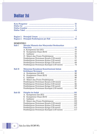 Buku Guru Kelas VIII SMP/MTsiv
Daftar Isi
Kata Pengantar	 ..................................................................	 iii
Daftar Isi	 .........................................................................	 iv
Daftar Gambar ....................................................................		 vi.
Daftar Tabel 	.......................................................................	viii
Bagian 1.	 Petunjuk Umum	 ....................................................	 1
Bagian 2.	 Petunjuk Pembelajaran per Bab	 .................................	52
SEMESTER I
Bab I			Merajut Manusia dan Masyarakat Berdasarkan
			Pancasila	 ............................................................	 55
	 	 	A. Kompetensi Inti (KI) 	 ..................................................	55
		 B.	 Kompetensi Dasar (KD) 	 ..............................................	55
			 C.	 Indikator	 .....................................................................	55
			 D.	 Materi dan Proses Pembelajaran	 ..................................	56
			 Pembelajaran Pertemuan Kesatu (120 menit)	 .....................	57
			 Pembelajaran Pertemuan Kedua (120 menit)	 .....................	63
			 Pembelajaran Pertemuan Ketiga (120 menit)	 .....................	68
			 Pembelajaran Pertemuan Keempat (120 menit)	 .................	74
			
Bab II			 Menyemai Kesadaran Konstitusional dalam
			 Kehidupan Bernegara	 .............................................	80
			 A.	 Kompetensi Inti (KI) 	 ...................................................	80
			 B.	 Kompetensi Dasar (KD) 	 ..............................................	80
			 C.	 Indikator	 .....................................................................	80
			 D.	 Materi dan Proses Pembelajaran	 ..................................	81
			 Pembelajaran Pertemuan Kesatu (120 menit)	 .....................	81
			 Pembelajaran Pertemuan Kedua (120 menit)	 .....................	86
			 Pembelajaran Pertemuan Ketiga (120 menit)	 .....................	89
			 Pembelajaran Pertemuan Keempat (120 menit)	 .................	94
Bab III		 Disiplin itu Indah	 ..................................................	101
			 A.	 Kompetensi Inti (KI) 	 ...................................................	101
			 B.	 Kompetensi Dasar (KD) 	 ..............................................	101
			 C.	 Indikator	 .....................................................................	101
			 D.	 Materi dan Proses Pembelajaran	 ..................................	102
			 Pembelajaran Pertemuan Kesatu (120 menit)	 ......................	102
			 Pembelajaran Pertemuan Kedua (120 menit)	 ......................	107
			 Pembelajaran Pertemuan Ketiga (120 menit)	 .....................	113
			 Pembelajaran Pertemuan Keempat (120 menit)	 ..................	117
 