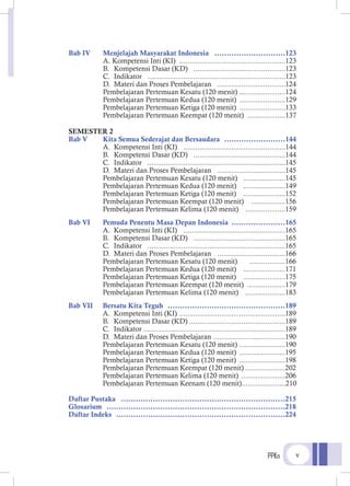 PPKn v
Bab IV			Menjelajah Masyarakat Indonesia	 .............................	123
	 	 	A. Kompetensi Inti (KI) 	.....................................................	123
		 B.	 Kompetensi Dasar (KD) 	 ..............................................	123
			 C.	 Indikator	 .....................................................................	123
			 D.	 Materi dan Proses Pembelajaran	 ..................................	124
			 Pembelajaran Pertemuan Kesatu (120 menit)	.......................	124
			 Pembelajaran Pertemuan Kedua (120 menit)	 .......................	129
			 Pembelajaran Pertemuan Ketiga (120 menit)	 .......................	133
			 Pembelajaran Pertemuan Keempat (120 menit)	 ...................	137
SEMESTER 2
Bab V			 Kita Semua Sederajat dan Bersaudara	 .........................	144
			 A.	 Kompetensi Inti (KI) 	 ...................................................	144
			 B.	 Kompetensi Dasar (KD) 	 ..............................................	144
			 C.	 Indikator	 .....................................................................	145
			 D.	 Materi dan Proses Pembelajaran	 ..................................	145
			 Pembelajaran Pertemuan Kesatu (120 menit)	 .....................	145
			 Pembelajaran Pertemuan Kedua (120 menit)	 .....................	149
			 Pembelajaran Pertemuan Ketiga (120 menit)	 .....................	152
			 Pembelajaran Pertemuan Keempat (120 menit)	 .................	156
			 Pembelajaran Pertemuan Kelima (120 menit)	 ....................	159
Bab VI			 Pemuda Penentu Masa Depan Indonesia	 ......................	165
			 A.	 Kompetensi Inti (KI) 	 ...................................................	165
			 B.	 Kompetensi Dasar (KD) 	 ..............................................	165
			 C.	 Indikator	 .....................................................................	165
			 D.	 Materi dan Proses Pembelajaran	 ..................................	166
			 Pembelajaran Pertemuan Kesatu (120 menit)	 ..................	166
			 Pembelajaran Pertemuan Kedua (120 menit)	 .....................	171
			 Pembelajaran Pertemuan Ketiga (120 menit)	 .....................	175
			 Pembelajaran Pertemuan Keempat (120 menit)	 ...................	179
			 Pembelajaran Pertemuan Kelima (120 menit)	 ....................	183
Bab VII		 Bersatu Kita Teguh	 ................................................	189
			 A.	 Kompetensi Inti (KI) 	.....................................................	189
			 B.	 Kompetensi Dasar (KD) 	................................................	189
			 C.	 Indikator	 .......................................................................	189
			 D.	 Materi dan Proses Pembelajaran	....................................	190
			 Pembelajaran Pertemuan Kesatu (120 menit)	.......................	190
			 Pembelajaran Pertemuan Kedua (120 menit)	 .......................	195
			 Pembelajaran Pertemuan Ketiga (120 menit)	 .......................	198
			 Pembelajaran Pertemuan Keempat (120 menit)	....................	202
			 Pembelajaran Pertemuan Kelima (120 menit)	......................	206
			 Pembelajaran Pertemuan Keenam (120 menit)	......................	210
Daftar Pustaka	 ...................................................................	215
Glosarium			.........................................................................	218
Daftar Indeks		 .....................................................................	224
 