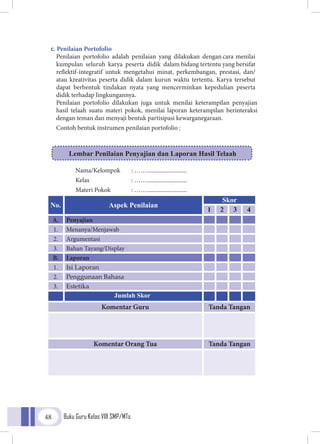 Buku Guru Kelas VIII SMP/MTs48
c. Penilaian Portofolio
Penilaian portofolio adalah penilaian yang dilakukan dengan cara menilai
kumpulan seluruh karya peserta didik dalam bidang tertentu yang bersifat
reflektif-integratif untuk mengetahui minat, perkembangan, prestasi, dan/
atau kreativitas peserta didik dalam kurun waktu tertentu. Karya tersebut
dapat berbentuk tindakan nyata yang mencerminkan kepedulian peserta
didik terhadap lingkungannya.
Penilaian portofolio dilakukan juga untuk menilai keterampilan penyajian
hasil telaah suatu materi pokok, menilai laporan keterampilan berinteraksi
dengan teman dan menyaji bentuk partisipasi kewarganegaraan.
Contoh bentuk instrumen penilaian portofolio :
Nama/Kelompok	 : ……...........................
Kelas		 : ……...........................
Materi Pokok	 : ……...........................
No. Aspek Penilaian
Skor
1 2 3 4
A. Penyajian
1. Menanya/Menjawab
2. Argumentasi
3. Bahan Tayang/Display
B. Laporan
1. Isi Laporan
2. Penggunaan Bahasa
3. Estetika
Jumlah Skor
Komentar Guru Tanda Tangan
Komentar Orang Tua Tanda Tangan
Lembar Penilaian Penyajian dan Laporan Hasil Telaah
 