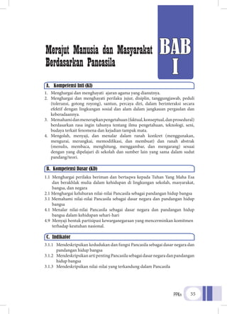 PPKn 55
BAB
I
Merajut Manusia dan Masyarakat
Berdasarkan Pancasila
1.	 Menghargai dan menghayati ajaran agama yang dianutnya.
2.	 Menghargai dan menghayati perilaku jujur, disiplin, tanggungjawab, peduli
(toleransi, gotong royong), santun, percaya diri, dalam berinteraksi secara
efektif dengan lingkungan sosial dan alam dalam jangkauan pergaulan dan
keberadaannya.
3.	 Memahamidanmenerapkanpengetahuan(faktual,konseptual,danprosedural)
berdasarkan rasa ingin tahunya tentang ilmu pengetahuan, teknologi, seni,
budaya terkait fenomena dan kejadian tampak mata.
4.	 Mengolah, menyaji, dan menalar dalam ranah konkret (menggunakan,
mengurai, merangkai, memodifikasi, dan membuat) dan ranah abstrak
(menulis, membaca, menghitung, menggambar, dan mengarang) sesuai
dengan yang dipelajari di sekolah dan sumber lain yang sama dalam sudut
pandang/teori.
1.1	 Menghargai perilaku beriman dan bertaqwa kepada Tuhan Yang Maha Esa
dan berakhlak mulia dalam kehidupan di lingkungan sekolah, masyarakat,
bangsa, dan negara
2.1 Menghargai keluhuran nilai-nilai Pancasila sebagai pandangan hidup bangsa
3.1 Memahami nilai-nilai Pancasila sebagai dasar negara dan pandangan hidup
	bangsa
4.1	 Menalar nilai-nilai Pancasila sebagai dasar negara dan pandangan hidup
bangsa dalam kehidupan sehari-hari
4.9	 Menyaji bentuk partisipasi kewarganegaraan yang mencerminkan komitmen 	
	 terhadap keutuhan nasional.
3.1.1	 Mendeskripsikan kedudukan dan fungsi Pancasila sebagai dasar negara dan
pandangan hidup bangsa
3.1.2	 MendeskripsikanartipentingPancasilasebagaidasarnegaradanpandangan
hidup bangsa
3.1.3	 Mendeskripsikan nilai-nilai yang terkandung dalam Pancasila
A.	 Kompetensi Inti (KI)
B. Kompetensi Dasar (KD)
C. Indikator
 