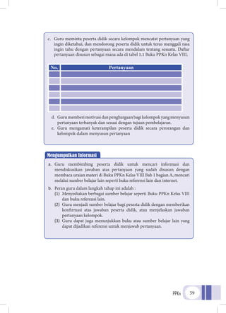 PPKn 59
c.	 Guru meminta peserta didik secara kelompok mencatat pertanyaan yang
ingin diketahui, dan mendorong peserta didik untuk terus menggali rasa
ingin tahu dengan pertanyaan secara mendalam tentang sesuatu. Daftar
pertanyaan disusun sebagai mana ada di tabel 1.1 Buku PPKn Kelas VIII,
No. Pertanyaan
	
d.	 Gurumemberimotivasidanpenghargaanbagikelompokyangmenyusun
pertanyaan terbanyak dan sesuai dengan tujuan pembelajaran.
e.	 Guru mengamati keterampilan peserta didik secara perorangan dan
kelompok dalam menyusun pertanyaan
Mengumpulkan Informasi
a.	 Guru membimbing peserta didik untuk mencari informasi dan
mendiskusikan jawaban atas pertanyaan yang sudah disusun dengan
membaca uraian materi di Buku PPKn Kelas VIII Bab 1 bagian A, mencari
melalui sumber belajar lain seperti buku referensi lain dan internet.
b.	 Peran guru dalam langkah tahap ini adalah :
(1)	 Menyediakan berbagai sumber belajar seperti Buku PPKn Kelas VIII
dan buku referensi lain.
(2)	 Guru menjadi sumber belajar bagi peserta didik dengan memberikan
konfirmasi atas jawaban peserta didik, atau menjelaskan jawaban
pertanyaan kelompok.
(3)	 Guru dapat juga menunjukkan buku atau sumber belajar lain yang
dapat dijadikan referensi untuk menjawab pertanyaan.
 