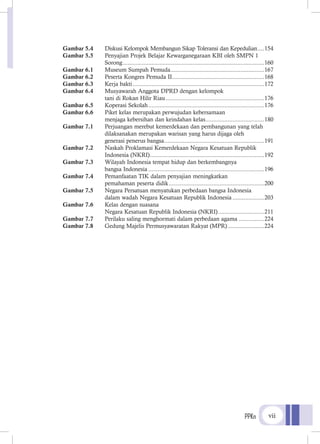 PPKn vii
Gambar 5.4 	 Diskusi Kelompok Membangun Sikap Toleransi dan Kepedulian.....154
Gambar 5.5	 Penyajian Projek Belajar Kewarganegaraan KBI oleh SMPN 1
Sorong..........................................................................................160
Gambar 6.1 	 Museum Sumpah Pemuda............................................................167
Gambar 6.2 	 Peserta Kongres Pemuda II...........................................................168
Gambar 6.3 	 Kerja bakti....................................................................................172
Gambar 6.4 	 Musyawarah Anggota DPRD dengan kelompok
	 tani di Rokan Hilir Riau...............................................................176
Gambar 6.5 	 Koperasi Sekolah..........................................................................176
Gambar 6.6 	 Piket kelas merupakan perwujudan kebersamaan
	 menjaga kebersihan dan keindahan kelas......................................180
Gambar 7.1 	 Perjuangan merebut kemerdekaan dan pembangunan yang telah
dilaksanakan merupakan warisan yang harus dijaga oleh
	 generasi penerus bangsa................................................................191
Gambar 7.2 	 Naskah Proklamasi Kemerdekaan Negara Kesatuan Republik
Indonesia (NKRI).........................................................................192
Gambar 7.3 	 Wilayah Indonesia tempat hidup dan berkembangnya
	 bangsa Indonesia..........................................................................196
Gambar 7.4 	 Pemanfaatan TIK dalam penyajian meningkatkan
	 pemahaman peserta didik.............................................................200
Gambar 7.5 	 Negara Persatuan menyatukan perbedaan bangsa Indonesia
	 dalam wadah Negara Kesatuan Republik Indonesia.....................203
Gambar 7.6 	 Kelas dengan suasana
	 Negara Kesatuan Republik Indonesia (NKRI)..............................211
Gambar 7.7 	 Perilaku saling menghormati dalam perbedaan agama.................224
Gambar 7.8 	 Gedung Majelis Permusyawaratan Rakyat (MPR)........................224
 