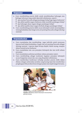 Buku Guru Kelas VIII SMP/MTs66
Mengasosiasi
a.	 Guru membimbing peserta didik untuk mendiskusikan hubungan atas
berbagai informasi yang sudah diperoleh sebelumnya, seperti :
ÏÏ Apa manfaat Pancasila sebagai pandangan hidup bagi negara Indonesia?
ÏÏ Apa akibat apabila negara Indonesia tidak memiliki pandangan hidup?
ÏÏ Apa hubungan dasar negara dengan pandangan hidup?
ÏÏ Apa akibat apabila dasar negara berbeda dengan pandangan hidup?
b.	 Guru membimbing peserta didik secara kelompok untuk menyimpulkan
tentang kedudukan dan fungsi serta arti penting Pancasila sebagai ideologi
nasional .
Mengomunikasikan
a.	 Guru menjelaskan dan membimbing tugas individu untuk menyusun
laporan hasil telaah kedudukan, fungsi, dan arti penting Pancasila sebagai
ideologi nasional . Laporan dapat berupa displai, bahan tayang, maupun
dalam bentuk kertas lembaran.
b.	 Guru menjelaskan tata cara penyajian kelompok dan tata tertib selama
penyajian.
c.	 Guru menjelaskan pedoman penilaian selama penyajian materi.
d.	 Guru membimbing sebagai moderator kegiatan penyajian kelompok
secara bergantian sesuai tata cara yang disepakati sebelumnya.
e.	 Guru memberikan konfirmasi terhadap jawaban peserta didik dalam
diskusi, dengan meluruskan jawaban yang kurang tepat dan memberikan
penghargaanbilajawabanbenardenganpujianatautepuktanganbersama.
Sumber: www.inovasipendidikan.net
Gambar 1.8 Bekerja dalam kelompok menanamkan
gotong royong
 