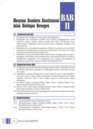 Buku Guru Kelas VIII SMP/MTs80
BAB
II
A.	 Kompetensi Inti (KI)
Menyemai Kesadaran Konstitusional
dalam Kehidupan Bernegara
1.	 Menghargai dan menghayati ajaran agama yang dianutnya.
2.	 Menghargai dan menghayati perilaku jujur, disiplin, tanggungjawab, peduli
(toleransi, gotong royong), santun, percaya diri, dalam berinteraksi secara
efektif dengan lingkungan sosial dan alam dalam jangkauan pergaulan dan
keberadaannya.
3.	 Memahami dan menerapkan pengetahuan (faktual, konseptual, dan prosedural)
berdasarkan rasa ingin tahunya tentang ilmu pengetahuan, teknologi, seni, budaya
terkait fenomena dan kejadian tampak mata.
4.	 Mengolah, menyaji, dan menalar dalam ranah konkret (menggunakan, mengurai,
merangkai, memodifikasi, dan membuat) dan ranah abstrak (menulis, membaca,
menghitung, menggambar, dan mengarang) sesuai dengan yang dipelajari di
sekolah dan sumber lain yang sama dalam sudut pandang/teori.
1.1	 Menghargai perilaku beriman dan bertaqwa kepada Tuhan Yang Maha Esa dan
berakhlak mulia dalam kehidupan di lingkungan sekolah, masyarakat, bangsa,
dan negara
2.2	 Menghargai semangat kebangsaan dan kebernegaraan seperti yang ditunjukkan
oleh para pendiri negara dalam menetapkan Undang-Undang Dasar Negara
Republik Indonesia Tahun 1945 sebagai landasan konstitusional negara
kebangsaan
3.1	Memahami fungsi lembaga-lembaga negara dalam Undang-Undang Dasar
Negara Republik Indonesia Tahun 1945
4.2	Menyaji hasil telaah fungsi lembaga-lembaga negara dalam Undang-Undang
	 Dasar Negara Republik Indonesia Tahun 1945
4.9	 Menyaji bentuk partisipasi kewarganegaraan yang mencerminkan komitmen
	 terhadap keutuhan nasional.
3.2.1	 Mendeskripsikan makna kedaulatan rakyat
3.2.2	 Mendeskripsikan fungsi lembaga-lembaga negara dalam UUD Negara
Republik Indonesia Tahun 1945
3.2.3	 Mendeskripsikan hubungan antarlembaga negara dalam UUD Negara
Republik Indonesia Tahun 1945
B. Kompetensi Dasar (KD)
C. Mendeskripsikan
 