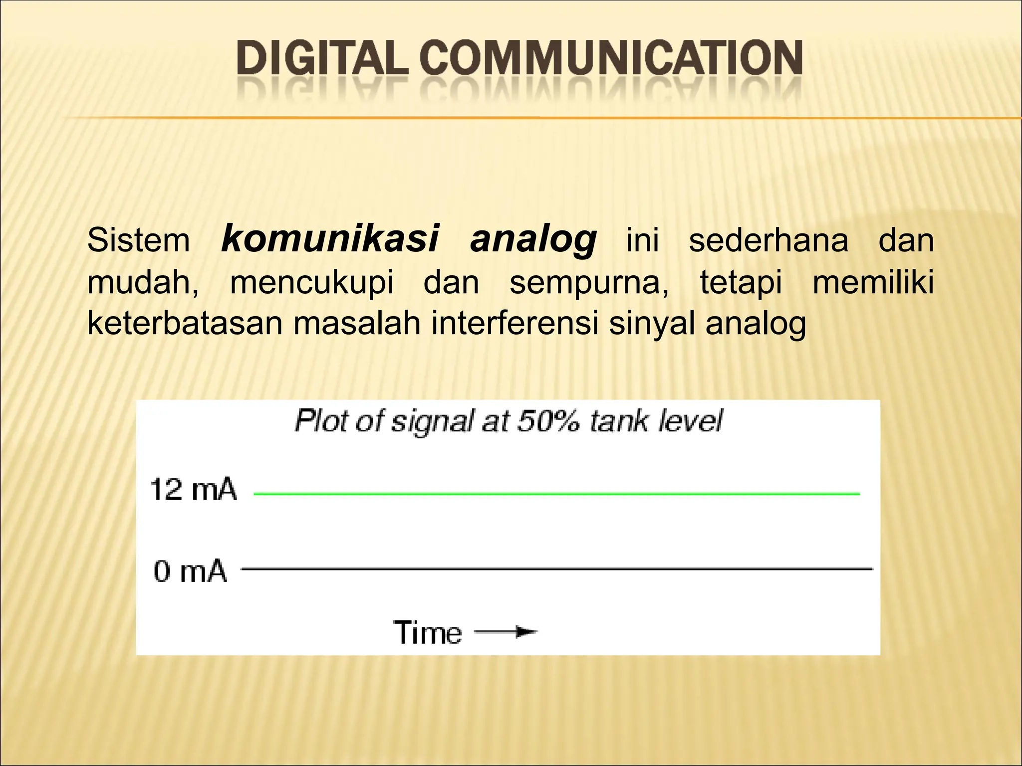 Sistem komunikasi analog ini sederhana dan
mudah, mencukupi dan sempurna, tetapi memiliki
keterbatasan masalah interferensi sinyal analog
 