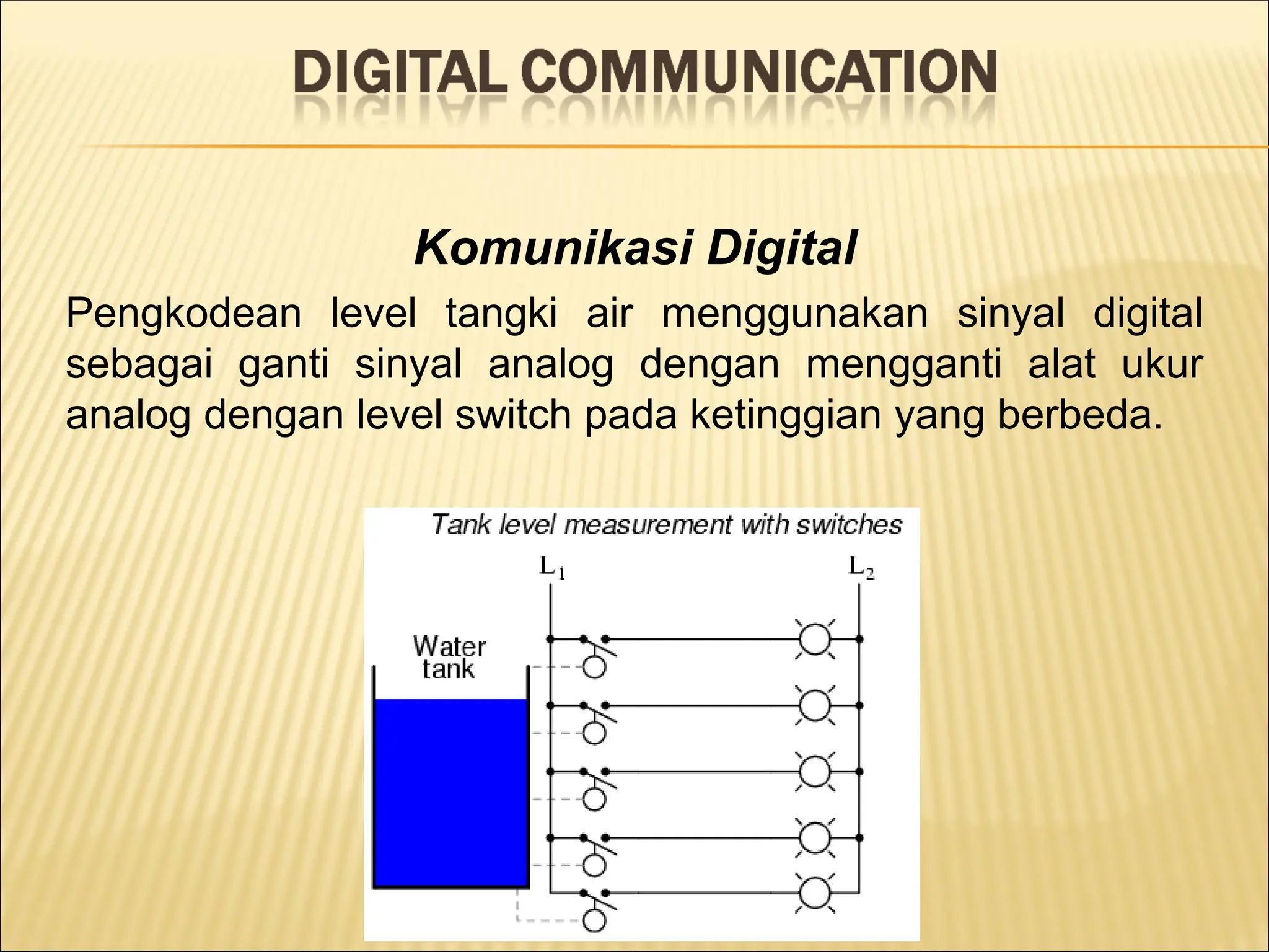 Komunikasi Digital
Pengkodean level tangki air menggunakan sinyal digital
sebagai ganti sinyal analog dengan mengganti alat ukur
analog dengan level switch pada ketinggian yang berbeda.
 