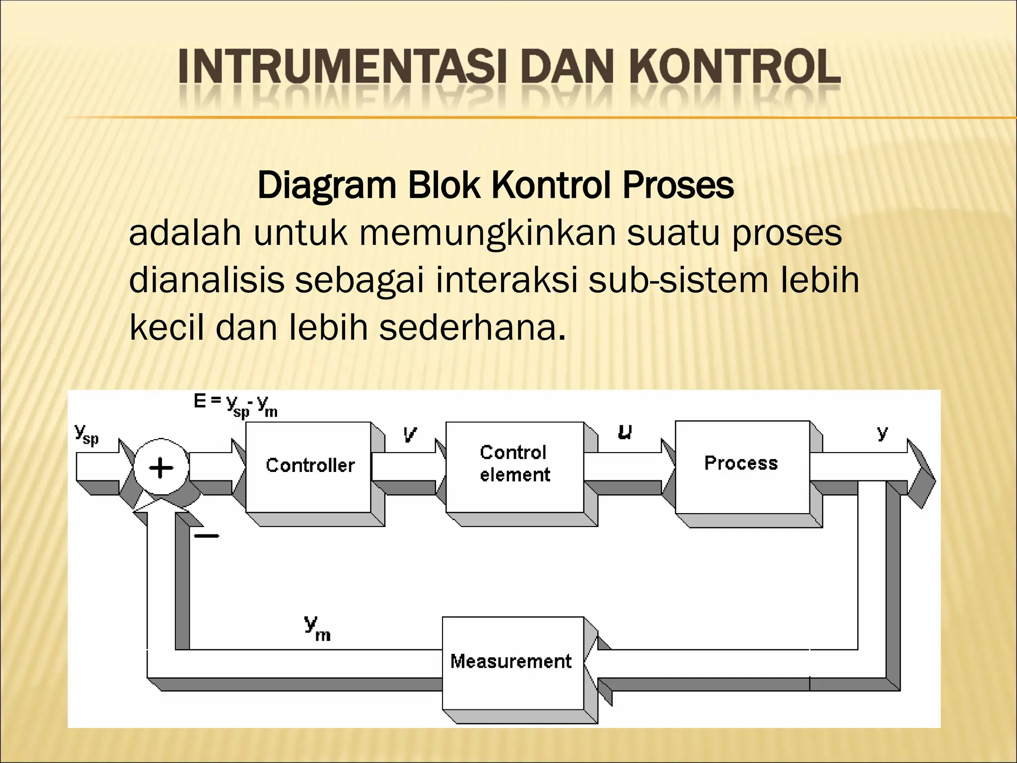 Diagram Blok Kontrol Proses
adalah untuk memungkinkan suatu proses
dianalisis sebagai interaksi sub-sistem lebih
kecil dan lebih sederhana.
 