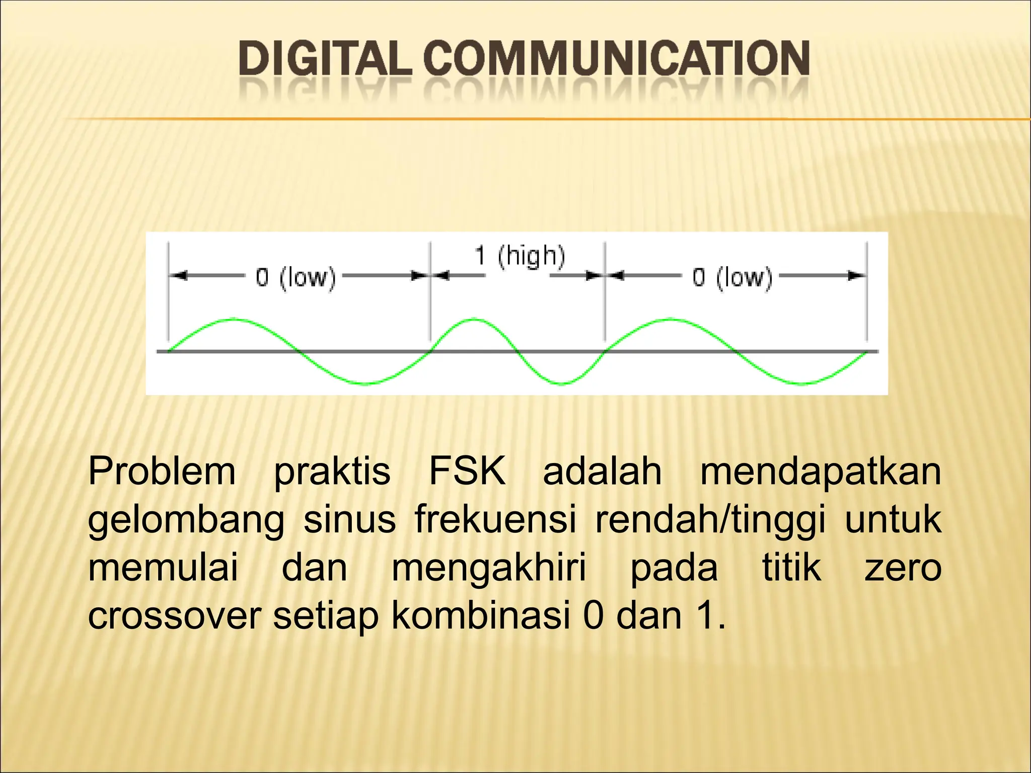 Problem praktis FSK adalah mendapatkan
gelombang sinus frekuensi rendah/tinggi untuk
memulai dan mengakhiri pada titik zero
crossover setiap kombinasi 0 dan 1.
 