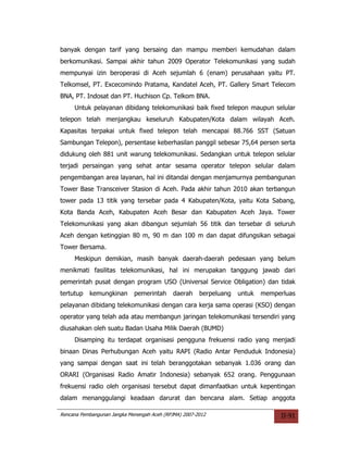 banyak dengan tarif yang bersaing dan mampu memberi kemudahan dalam
berkomunikasi. Sampai akhir tahun 2009 Operator Telekomunikasi yang sudah
mempunyai izin beroperasi di Aceh sejumlah 6 (enam) perusahaan yaitu PT.
Telkomsel, PT. Excecomindo Pratama, Kandatel Aceh, PT. Gallery Smart Telecom
BNA, PT. Indosat dan PT. Huchison Cp. Telkom BNA.
     Untuk pelayanan dibidang telekomunikasi baik fixed telepon maupun selular
telepon telah menjangkau keseluruh Kabupaten/Kota dalam wilayah Aceh.
Kapasitas terpakai untuk fixed telepon telah mencapai 88.766 SST (Satuan
Sambungan Telepon), persentase keberhasilan panggil sebesar 75,64 persen serta
didukung oleh 881 unit warung telekomunikasi. Sedangkan untuk telepon selular
terjadi persaingan yang sehat antar sesama operator telepon selular dalam
pengembangan area layanan, hal ini ditandai dengan menjamurnya pembangunan
Tower Base Transceiver Stasion di Aceh. Pada akhir tahun 2010 akan terbangun
tower pada 13 titik yang tersebar pada 4 Kabupaten/Kota, yaitu Kota Sabang,
Kota Banda Aceh, Kabupaten Aceh Besar dan Kabupaten Aceh Jaya. Tower
Telekomunikasi yang akan dibangun sejumlah 56 titik dan tersebar di seluruh
Aceh dengan ketinggian 80 m, 90 m dan 100 m dan dapat difungsikan sebagai
Tower Bersama.
     Meskipun demikian, masih banyak daerah-daerah pedesaan yang belum
menikmati fasilitas telekomunikasi, hal ini merupakan tanggung jawab dari
pemerintah pusat dengan program USO (Universal Service Obligation) dan tidak
tertutup   kemungkinan       pemerintah      daerah    berpeluang   untuk   memperluas
pelayanan dibidang telekomunikasi dengan cara kerja sama operasi (KSO) dengan
operator yang telah ada atau membangun jaringan telekomunikasi tersendiri yang
diusahakan oleh suatu Badan Usaha Milik Daerah (BUMD)
     Disamping itu terdapat organisasi pengguna frekuensi radio yang menjadi
binaan Dinas Perhubungan Aceh yaitu RAPI (Radio Antar Penduduk Indonesia)
yang sampai dengan saat ini telah beranggotakan sebanyak 1.036 orang dan
ORARI (Organisasi Radio Amatir Indonesia) sebanyak 652 orang. Penggunaan
frekuensi radio oleh organisasi tersebut dapat dimanfaatkan untuk kepentingan
dalam menanggulangi keadaan darurat dan bencana alam. Setiap anggota

Rencana Pembangunan Jangka Menengah Aceh (RPJMA) 2007-2012                       II-91
 