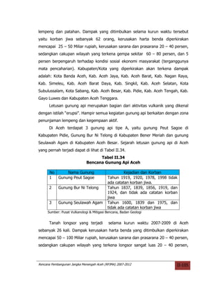 lempeng dan patahan. Dampak yang ditimbulkan selama kurun waktu tersebut
yaitu korban jiwa sebanyak 62 orang, kerusakan harta benda diperkirakan
mencapai 25 – 50 Miliar rupiah, kerusakan sarana dan prasarana 20 – 40 persen,
sedangkan cakupan wilayah yang terkena gempa sekitar 60 – 80 persen, dan 5
persen berpengaruh terhadap kondisi sosial ekonomi masyarakat (terganggunya
mata pencaharian). Kabupaten/Kota yang diperkirakan akan terkena dampak
adalah: Kota Banda Aceh, Kab. Aceh Jaya, Kab. Aceh Barat, Kab. Nagan Raya,
Kab. Simeleu, Kab. Aceh Barat Daya, Kab. Singkil, Kab. Aceh Selatan, Kota
Subulussalam, Kota Sabang, Kab. Aceh Besar, Kab. Pidie, Kab. Aceh Tengah, Kab.
Gayo Luwes dan Kabupaten Aceh Tenggara.
      Letusan gunung api merupakan bagian dari aktivitas vulkanik yang dikenal
dengan istilah “erupsi”. Hampir semua kegiatan gunung api berkaitan dengan zona
penunjaman lempeng dan kegempaan aktif.
      Di Aceh terdapat 3 gunung api tipe A, yaitu gunung Peut Sagoe di
Kabupaten Pidie, Gunung Bur Ni Telong di Kabupaten Bener Meriah dan gunung
Seulawah Agam di Kabupaten Aceh Besar. Sejarah letusan gunung api di Aceh
yang pernah terjadi dapat di lihat di Tabel II.34.
                                    Tabel II.34
                              Bencana Gunung Api Aceh

      No     Nama Gunung                            Kejadian dan Korban
      1  Gunung Peut Sagoe                 Tahun 1919, 1920, 1978, 1998 tidak
                                           ada catatan korban jiwa.
      2     Gunung Bur Ni Telong           Tahun 1837, 1839, 1856, 1919, dan
                                           1924, dan tidak ada catatan korban
                                           jiwa
      3     Gunung Seulawah Agam           Tahun 1600, 1839 dan 1975, dan
                                           tidak ada catatan korban jiwa
     Sumber: Pusat Vulkanologi & Mitigasi Bencana, Badan Geologi


      Tanah longsor yang terjadi           selama kurun waktu 2007-2009 di Aceh
sebanyak 26 kali. Dampak kerusakan harta benda yang ditimbulkan diperkirakan
mencapai 50 – 100 Miliar rupiah, kerusakan sarana dan prasarana 20 – 40 persen,
sedangkan cakupan wilayah yang terkena longsor sangat luas 20 – 40 persen,



Rencana Pembangunan Jangka Menengah Aceh (RPJMA) 2007-2012                  II-105
 