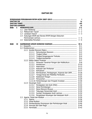 DAFTAR ISI


RINGKASAN PERUBAHAN RPJM ACEH 2007-2012 ..............................................                                          i
DAFTAR ISI .........................................................................................................          iv
DAFTAR TABEL......................................................................................................           viii
DAFTAR GAMBAR..................................................................................................               xi
BAB   I   PENDAHULUAN..................................................................................                      I-1
          1.1 Latar Belakang ................................................................................               I-1
          1.2 Maksud dan Tujuan .........................................................................                   I-2
          1.3 Landasan Hukum ............................................................................                   I-3
          1.4 Hubungan RPJM dan Review RPJM Dengan Dokumen
                Perencanaan Lainnya........................................................................                 I-5
          1.5 Sistematika Penulisan .......................................................................                 I-6

BAB        II    GAMBARAN UMUM KONDISI DAERAH..............................................                                 II-1
                 2.1 Geografis ..........................................................................................    II-1
                 2.2 Perekonomian ...................................................................................        II-2
                     2.2.1 Kondisi Ekonomi Makro ...........................................................                 II-2
                           2.2.1.1 Pertumbuhan Ekonomi..............................................                         II-2
                           2.2.1.2 Tingkat Inflasi ..........................................................                II-3
                           2.2.1.3 Tingkat Pengangguran Terbuka.................................                             II-4
                           2.2.1.4 Tingkat Kemiskinan ..................................................                     II-6
                     2.2.2 Sektor-Sektor Produksi ...........................................................                II-7
                           2.2.2.1 Pertanian Tanaman Pangan dan Holtikultura ..............                                  II-8
                           2.2.2.2 Perkebunan..............................................................                 II-10
                           2.2.2.3 Peternakan ..............................................................                II-13
                           2.2.2.4 Kelautan dan Perikanan ...........................................                       II-15
                           2.2.2.5 Kehutanan ...............................................................                II-17
                           2.2.2.6 Perindustrian, Perdagangan, Koperasi dan UKM..........                                   II-18
                           2.2.2.7 Tenaga Kerja dan Mobilitas Penduduk........................                              II-22
                           2.2.2.8 Ketahanan Pangan ...................................................                     II-25
                           2.2.2.9 Penyuluhan ..............................................................                II-29
                           2.2.2.10 Perkembangan dan Prospek Investasi........................                              II-30
                     2.2.3 Keuangan Aceh ......................................................................             II-31
                           2.2.3.1 Pendapatan Asli Aceh (PAA) ......................................                        II-32
                           2.2.3.2 Dana Perimbangan ...................................................                     II-33
                           2.2.3.3 Dana Otonomi Khusus ..............................................                       II-33
                           2.2.3.4 Tabungan Pemerintah Aceh ......................................                          II-34
                           2.2.3.5 Sumber Pendapatan Aceh Lainnya.............................                              II-34
                           2.2.3.6 Pengelolaan Keuangan dan kekayaan Aceh ................                                  II-35
                 2.3 Agama, Sosial dan Budaya ...............................................................               II-36
                     2.3.1 Agama ..................................................................................         II-36
                     2.3.2 Sosial Budaya ........................................................................           II-39
                     2.3.3 Pemberdayaan Perempuan dan Perlindungan Anak ..................                                  II-40
                     2.3.4 Pemuda dan Olah Raga ..........................................................                  II-40
                     2.3.5 Pariwisata ..............................................................................        II-43


                                                                 iv
 