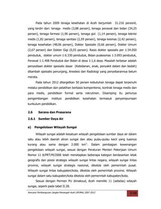 Pada tahun 2009 tenaga kesehatan di Aceh berjumlah               31.216 personil,
yang terdiri dari: tenaga medis (3,88 persen), tenaga perawat dan bidan (34,25
persen), tenaga farmasi (1,96 persen), tenaga gizi (1,14 persen), tenaga teknisi
medis (1,82 persen), tenaga sanitasi (2,59 persen), tenaga kesmas (2,42 persen),
tenaga kesehatan (48,06 persen), Dokter Spesialis (0,66 persen), Dokter Umum
(2,67 persen) dan Dokter Gigi (0,55 persen). Rasio dokter spesialis per 1:34.050
penduduk, dokter umum 1:6.330 penduduk, Bidan puskesmas 1:3.093 penduduk,
Perawat 1:1.408 Penduduk dan Bidan di desa 1:1,6 desa. Masalah terbesar adalah
penyediaan dokter spesialis dasar (Kebidanan, anak, penyakit dalam dan bedah)
ditambah spesialis penunjang, Anestesi dan Radiologi yang penyebarannya belum
merata.
        Pada tahun 2012 ditargetkan 50 persen kebutuhan tenaga dapat terpenuhi
melalui pendidikan dan pelatihan berbasis kompentensi, kontrak tenaga medis dan
para medis, pendidikan formal serta rekrutmen. Disamping itu perlunya
pengembangan        institusi   pendidikan     kesehatan      termasuk   penyempurnaan
kurikulum pendidikan.

2.6       Sarana dan Prasarana

2.6.1     Sumber Daya Air

a)    Pengelolaan Wilayah Sungai

        Wilayah sungai adalah kesatuan wilayah pengelolaan sumber daya air dalam
satu atau lebih daerah aliran sungai dan atau pulau-pulau kecil yang luasnya
kurang    atau   sama     dengan     2.000    km2..   Dalam    pembagian    kewenangan
pengelolaan wilayah sungai, sesuai dengan Peraturan Menteri Pekerjaan Umum
Nomor 11 A/PRT/M/2006 telah menetapkan beberapa kategori berdasarkan letak
geografis dan posisi strategis wilayah sungai lintas negara, wilayah sungai lintas
provinsi, wilayah sungai strategis nasional, dikelola oleh pemerintah pusat.
Wilayah sungai lintas kabupaten/kota, dikelola oleh pemerintah provinsi. Wilayah
sungai dalam satu kabupaten/kota dikelola oleh pemerintah kabupaten/kota.
        Sesuai dengan Permen PU dimaksud, Aceh memiliki 11 (sebelas) wilayah
sungai, seperti pada tabel II.28.

Rencana Pembangunan Jangka Menengah Aceh (RPJMA) 2007-2012                          II-68
 