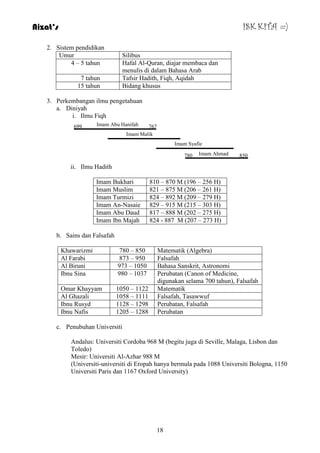 Aizat’s ISK KITA =) 
699 767 
18 
2. Sistem pendidikan 
Umur Silibus 
4 – 5 tahun Hafal Al-Quran, diajar membaca dan 
menulis di dalam Bahasa Arab 
7 tahun Tafsir Hadith, Fiqh, Aqidah 
15 tahun Bidang khusus 
3. Perkembangan ilmu pengetahuan 
a. Diniyah 
i. Ilmu Fiqh 
Imam Abu Hanifah 
ii. Ilmu Hadith 
Imam Malik 
Imam Syafie 
Imam Ahmad 
780 850 
Imam Bukhari 810 – 870 M (196 – 256 H) 
Imam Muslim 821 – 875 M (206 – 261 H) 
Imam Turmizi 824 – 892 M (209 – 279 H) 
Imam An-Nasaie 829 – 915 M (215 – 303 H) 
Imam Abu Daud 817 – 888 M (202 – 275 H) 
Imam Ibn Majah 824 - 887 M (207 – 273 H) 
b. Sains dan Falsafah 
Khawarizmi 780 – 850 Matematik (Algebra) 
Al Farabi 873 – 950 Falsafah 
Al Biruni 973 – 1050 Bahasa Sanskrit, Astronomi 
Ibnu Sina 980 – 1037 Perubatan (Canon of Medicine, 
digunakan selama 700 tahun), Falsafah 
Omar Khayyam 1050 – 1122 Matematik 
Al Ghazali 1058 – 1111 Falsafah, Tasawwuf 
Ibnu Rusyd 1128 – 1298 Perubatan, Falsafah 
Ibnu Nafis 1205 – 1288 Perubatan 
c. Penubuhan Universiti 
Andalus: Universiti Cordoba 968 M (begitu juga di Seville, Malaga, Lisbon dan 
Toledo) 
Mesir: Universiti Al-Azhar 988 M 
(Universiti-universiti di Eropah hanya bermula pada 1088 Universiti Bologna, 1150 
Universiti Paris dan 1167 Oxford University) 
 