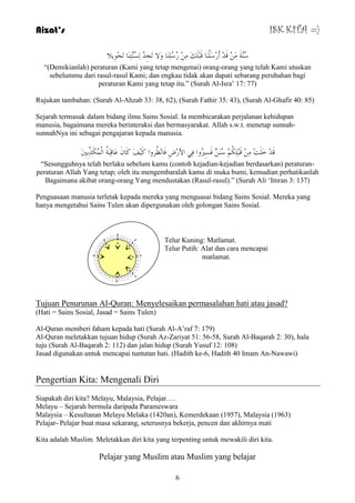 Aizat’s ISK KITA =) 
عُ خََّٕ لَذِ أَسِعَ بٍَْٕ لَجِ هٍََ سُعُ بٍَِٕ وَلا رَجِذُ غٌُِ زَِّٕ بَٕ رَذِىِ لَا 
“(Demikianlah) peraturan (Kami yang tetap mengenai) orang-orang yang telah Kami utuskan 
sebelummu dari rasul-rasul Kami; dan engkau tidak akan dapati sebarang perubahan bagi 
peraturan Kami yang tetap itu.” (Surah Al-Isra‟ 17: 77) 
Rujukan tambahan: (Surah Al-Ahzab 33: 38, 62), (Surah Fathir 35: 43), (Surah Al-Ghafir 40: 85) 
Sejarah termasuk dalam bidang ilmu Sains Sosial. Ia membicarakan perjalanan kehidupan 
manusia, bagaimana mereka berinteraksi dan bermasyarakat. Allah s.w.t. menetap sunnah-sunnahNya 
ini sebagai pengajaran kepada manusia. 
لَذِ خَ ذٍَِ لَجِ ىٍُِ عُ فَغِيرُوا فِ الأسِضِ فَب ظُِٔشوا وَ فَُِ وَب ػَبلِجَخُ ا ىٌَُّْزِِّثِينَ 
“Sesungguhnya telah berlaku sebelum kamu (contoh kejadian-kejadian berdasarkan) peraturan-peraturan 
Allah Yang tetap; oleh itu mengembaralah kamu di muka bumi, kemudian perhatikanlah 
Bagaimana akibat orang-orang Yang mendustakan (Rasul-rasul).” (Surah Ali „Imran 3: 137) 
Penguasaan manusia terletak kepada mereka yang menguasai bidang Sains Sosial. Mereka yang 
hanya mengetahui Sains Tulen akan dipergunakan oleh golongan Sains Sosial. 
Telur Kuning: Matlamat. 
Telur Putih: Alat dan cara mencapai 
matlamat. 
Tujuan Penurunan Al-Quran: Menyelesaikan permasalahan hati atau jasad? 
(Hati = Sains Sosial, Jasad = Sains Tulen) 
Al-Quran memberi faham kepada hati (Surah Al-A‟raf 7: 179) 
Al-Quran meletakkan tujuan hidup (Surah Az-Zariyat 51: 56-58, Surah Al-Baqarah 2: 30), hala 
tuju (Surah Al-Baqarah 2: 112) dan jalan hidup (Surah Yusuf 12: 108) 
Jasad digunakan untuk mencapai tuntutan hati. (Hadith ke-6, Hadith 40 Imam An-Nawawi) 
6 
Pengertian Kita: Mengenali Diri 
Siapakah diri kita? Melayu, Malaysia, Pelajar…. 
Melayu – Sejarah bermula daripada Parameswara 
Malaysia – Kesultanan Melayu Melaka (1420an), Kemerdekaan (1957), Malaysia (1963) 
Pelajar- Pelajar buat masa sekarang, seterusnya bekerja, pencen dan akhirnya mati 
Kita adalah Muslim. Meletakkan diri kita yang terpenting untuk mewakili diri kita. 
Pelajar yang Muslim atau Muslim yang belajar 
 