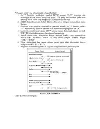 Pertukaran email yang terjadi adalah sebagai berikut :
    1. SMTP Pengirim melakukan koneksi TCP/IP dengan SMTP penerima dan
       menunggu server untuk mengirim pesan 220 yang menandakan pelayanan
       terhadap pesan sudah siap atau pesan 421 pelayanan tidak siap
    2. HELO (kependekan dari hello) dikirim oleh server dengan menunjukkan nama
       domain.
    3. Pengirim akan memulai memberikan perintah kepada SMTP dimana apabila
       SMTP mendukung perintah tersebut akan membalas dengan pesan 250 OK
    4. Memberikan informasi kepada SMTP tentang tujuan dari email dengan perintah
       RCPT TO dilanjutkan dengan alamat email yang dituju.
    5. Setelah tujuan diset, dilanjutkan dengan perintah DATA yang menunjukkan
       bahwa baris berikutnya adalah isi dari email dengan diakhiri dengan
       <CRLF>.<CRLF>
    6. Client mengisikan data sesuai dengan pesan yang akan dikirimkan hingga
       mengisikan <CRLF>.<CRLF>
    7. Pengirimkan akan menghentikan kegiatan dengan memberi perintah QUIT.




                             Gambar 12.3 Aliran SMTP
Dapat dicontohkan dengan :
 