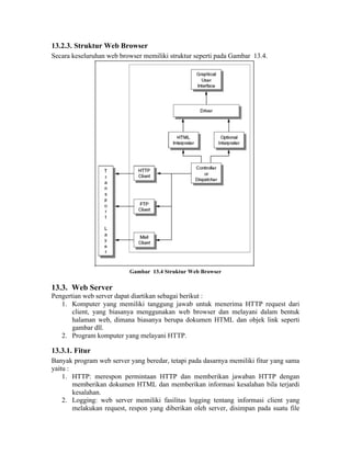 13.2.3. Struktur Web Browser
Secara keseluruhan web browser memiliki struktur seperti pada Gambar 13.4.




                           Gambar 13.4 Struktur Web Browser

13.3. Web Server
Pengertian web server dapat diartikan sebagai berikut :
   1. Komputer yang memiliki tanggung jawab untuk menerima HTTP request dari
       client, yang biasanya menggunakan web browser dan melayani dalam bentuk
       halaman web, dimana biasanya berupa dokumen HTML dan objek link seperti
       gambar dll.
   2. Program komputer yang melayani HTTP.

13.3.1. Fitur
Banyak program web server yang beredar, tetapi pada dasarnya memiliki fitur yang sama
yaitu :
    1. HTTP: merespon permintaan HTTP dan memberikan jawaban HTTP dengan
        memberikan dokumen HTML dan memberikan informasi kesalahan bila terjardi
        kesalahan.
    2. Logging: web server memiliki fasilitas logging tentang informasi client yang
        melakukan request, respon yang diberikan oleh server, disimpan pada suatu file
 