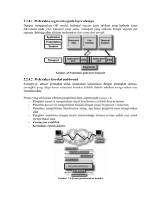 2.2.4.1. Melakukan segmentasi pada layer atasnya
Dengan menggunakan OSI model, berbagai macam jenis aplikasi yang berbeda dapat
dikirimkan pada jenis transport yang sama. Transport yang terkirim berupa segmen per
segmen. Sehingga data dikirim berdasarkan first-come first served.




                        Gambar 2.5 Segmentasi pada layer transport

2.2.4.2. Melakukan koneksi end-to-end
Konsepnya, sebuah perangkat untuk melakukan komunikasi dengan perangkat lainnya,
perangkat yang dituju harus menerima koneksi terlebih dahulu sebelum mengirimkan atau
menerima data.

Proses yang dilakukan sebelum pengiriman data, seperti pada Gambar 2.6:
   - Pengirim (sender) mengirimkan sinyal Synchronize terlebih dulu ke tujuan
   - Penerima (receiver) mengirimkan balasan dengan sinyal Negotiate Connection
   - Penerima mengirimkan Synchronize ulang, apa benar pengirim akan mengirimkan
        data
   - Pengirim membalas dengan sinyal Acknowledge dimana artinya sudah siap untuk
        mengirimkan data
   - Connection establish
   - Kemudian segmen dikirim




                         Gambar 2.6 Proses pembentukan koneksi
 