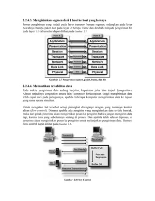 2.2.4.3. Mengirimkan segmen dari 1 host ke host yang lainnya
Proses pengiriman yang terjadi pada layer transport berupa segmen, sedangkan pada layer
bawahnya berupa paket dan pada layer 2 berupa frame dan dirubah menjadi pengiriman bit
pada layer 1. Hal tersebut dapat dilihat pada Gambar 2.7




                     Gambar 2.7 Pengiriman segmen, paket, frame, dan bit

2.2.4.4. Memastikan reliabilitas data
Pada waktu pengiriman data sedang berjalan, kepadatan jalur bisa terjadi (congestion).
Alasan terjadinya congestion antara lain: komputer berkecepatan tinggi mengirimkan data
lebih cepat dari pada jaringannya, apabila beberapa komputer mengirimkan data ke tujuan
yang sama secara simultan.

Untuk mengatasi hal tersebut setiap perangkat dilengkapi dengan yang namanya kontrol
aliran (flow control). Dimana apabila ada pengirim yang mengirimkan data terlalu banyak,
maka dari pihak penerima akan mengirmkan pesan ke pengirim bahwa jangan mengirim data
lagi, karena data yang sebelumnya sedang di proses. Dan apabila telah selesai diproses, si
penerima akan mengirimkan pesan ke pengirim untuk melanjutkan pengiriman data. Ilustrasi
flow control dapat dilihat pada Gambar 2.8.




                                  Gambar 2.8 Flow Control
 