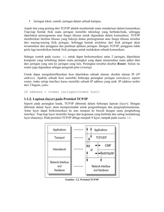 •   Jaringan lokal, contoh: jaringan dalam sebuah kampus.

Aspek lain yang penting dari TCP/IP adalah membentuk suatu standarisasi dalam komunikasi.
Tiap-tiap bentuk fisik suatu jaringan memiliki teknologi yang berbeda-beda, sehingga
diperlukan pemrograman atau fungsi khusus untuk digunakan dalam komunikasi. TCP/IP
memberikan fasilitas khusus yang bekerja diatas pemrograman atau fungsi khusus tersebut
dari masing-masing fisik jaringan. Sehingga bentuk arsitektur dari fisik jaringan akan
tersamarkan dari pengguna dan pembuat aplikasi jaringan. Dengan TCP/IP, pengguna tidak
perlu lagi memikirkan bentuk fisik jaringan untuk melakukan sebuah komunikasi.

Sebagai contoh pada Gambar 1.1, untuk dapat berkomunikasi antar 2 jaringan, diperlukan
komputer yang terhubung dalam suatu perangkat yang dapat meneruskan suatu paket data
dari jaringan yang satu ke jaringan yang lain. Perangkat tersebut disebut Router. Selain itu
router juga digunakan sebagai pengarah jalur (routing).

Untuk dapat mengidentifikasikan host diperlukan sebuah alamat, disebut alamat IP (IP
address). Apabila sebuah host memiliki beberapa perangkat jaringan (interface), seperti
router, maka setiap interface harus memiliki sebuah IP address yang unik. IP address terdiri
dari 2 bagian, yaitu :

IP address = <nomer jaringan><nomer host>

1.1.2. Lapisan (layer) pada Protokol TCP/IP
Seperti pada perangkat lunak, TCP/IP dibentuk dalam beberapa lapisan (layer). Dengan
dibentuk dalam layer, akan mempermudah untuk pengembangan dan pengimplementasian.
Antar layer dapat berkomunikasi ke atas maupun ke bawah dengan suatu penghubung
interface. Tiap-tiap layer memiliki fungsi dan kegunaan yang berbeda dan saling mendukung
layer diatasnya. Pada protokol TCP/IP dibagi menjadi 4 layer, tampak pada Gambar 1.2.




                                Gambar 1.2. Protokol TCP/IP
 