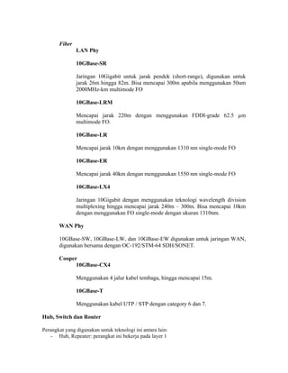 Fiber
               LAN Phy

               10GBase-SR

               Jaringan 10Gigabit untuk jarak pendek (short-range), digunakan untuk
               jarak 26m hingga 82m. Bisa mencapai 300m apabila menggunakan 50um
               2000MHz-km multimode FO

               10GBase-LRM

               Mencapai jarak 220m dengan menggunakan FDDI-grade 62.5 µm
               multimode FO.

               10GBase-LR

               Mencapai jarak 10km dengan menggunakan 1310 nm single-mode FO

               10GBase-ER

               Mencapai jarak 40km dengan menggunakan 1550 nm single-mode FO

               10GBase-LX4

               Jaringan 10Gigabit dengan menggunakan teknologi wavelength division
               multiplexing hingga mencapai jarak 240m – 300m. Bisa mencapai 10km
               dengan menggunakan FO single-mode dengan ukuran 1310nm.

       WAN Phy

       10GBase-SW, 10GBase-LW, dan 10GBase-EW digunakan untuk jaringan WAN,
       digunakan bersama dengan OC-192/STM-64 SDH/SONET.

       Cooper
             10GBase-CX4

               Menggunakan 4 jalur kabel tembaga, hingga mencapai 15m.

               10GBase-T

               Menggunakan kabel UTP / STP dengan category 6 dan 7.

Hub, Switch dan Router

Perangkat yang digunakan untuk teknologi ini antara lain:
    - Hub, Repeater: perangkat ini bekerja pada layer 1
 