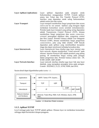 Layer Aplikasi (Aplications)     Layer aplikasi digunakan pada program untuk
                                 berkomunikasi menggunakan TCP/IP. Contoh aplikasi
                                 antara lain Telnet dan File Transfer Protocol (FTP).
                                 Interface yang digunakan untuk saling berkomunikasi
                                 adalah nomer port dan socket.
Layer Transport                  Layer transport memberikan fungsi pengiriman data secara
                                 end-to-end ke sisi remote. Aplikasi yang beragam dapat
                                 melakukan komunikasi secara serentak (simulaneously).
                                 Protokol pada layer transport yang paling sering digunakan
                                 adalah Transmission Control Protocol (TCP), dimana
                                 memberikan fungsi pengiriman data secara connection-
                                 oriented, pencegahan duplikasi data, congestion control
                                 dan flow control. Protokol lainnya adalah User Datagram
                                 Protocol (UDP), dimana memberikan fungsi pengiriman
                                 connectionless, jalur yang tidak reliabel. UDP banyak
                                 digunakan pada aplikasi yang membutuhkan kecepatan
                                 tinggi dan dapat metoleransi terhadap kerusakan data.
Layer Internetwork               Layer Internetwork biasa disebut juga layer internet atau
                                 layer network, dimana memberikan “vitual network” pada
                                 internet. Internet Protocol (IP) adalah protokol yang paling
                                 penting. IP memberikan fungsi routing pada jaringan
                                 dalam pengiriman data. Protokol lainnya antara lain : IP,
                                 ICMP, IGMP, ARP, RARP
Layer Network Interface          Layer network interface disebut juga layer link atau layer
                                 datalink, yang merupakan perangkat keras pada jaringan.
                                 Contoh : IEEE802.2, X.25, ATM, FDDI, dan SNA.

Secara detail dapat digambarkan pada Gambar 1.3.




                           Gambar 1.3. Detail dari Model Arsitektur



1.1.3. Aplikasi TCP/IP
Level tertinggi pada layer TCP/IP adalah aplikasi. Dimana layer ini melakukan komunikasi
sehingga dapat berinteraksi dengan pengguna.
 