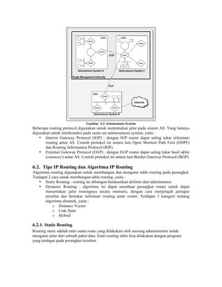 Gambar 6.2 Autonomous System
Beberapa routing protocol digunakan untuk menentukan jalur pada sistem AS. Yang lainnya
digunakan untuk interkoneksi pada suatu set autonoumous system, yaitu :
    • Interior Gateway Protocol (IGP) : dengan IGP router dapat saling tukar informasi
       routing antar AS. Contoh protokol ini antara lain Open Shortest Path First (OSPF)
       dan Routing Information Protocol (RIP).
    • External Gateway Protocol (EGP) : dengan EGP router dapat saling tukar hasil akhir
       (summary) antar AS. Contoh protokol ini antara lain Border Gateway Protocol (BGP)

6.2. Tipe IP Routing dan Algoritma IP Routing
Algoritma routing digunakan untuk membangun dan mengatur table routing pada perangkat.
Terdapat 2 cara untuk membangun table routing, yaitu :
   • Static Routing : routing ini dibangun berdasarkan definisi dari adminstrator.
   • Dynamic Routing : algoritma ini dapat membuat perangkat router untuk dapat
       menentukan jalur routingnya secara otomatis, dengan cara menjelajah jaringan
       tersebut dan bertukar informari routing antar router. Terdapat 3 kategori tentang
       algoritma dinamik, yaitu :
           o Distance Vector
           o Link State
           o Hybrid

6.2.1. Static Routing
Routing static adalah entri suatu route yang dilakukan oleh seorang administrator untuk
mengatur jalur dari sebuah paket data. Entri routing table bisa dilakukan dengan program
yang terdapat pada perangkat tersebut.
 