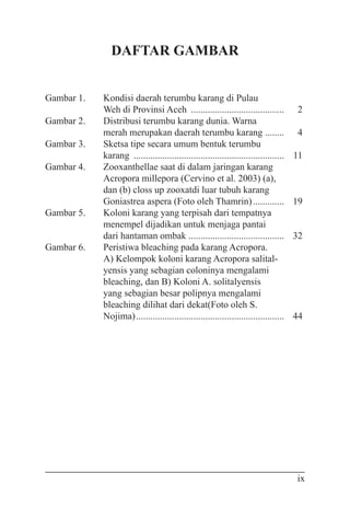 ix
DAFTAR GAMBAR
Gambar 1. 	 Kondisi daerah terumbu karang di Pulau
		 Weh di Provinsi Aceh ........................................	 2
Gambar 2. 	 Distribusi terumbu karang dunia. Warna
		 merah merupakan daerah terumbu karang .........	 4
Gambar 3. 	 Sketsa tipe secara umum bentuk terumbu
		 karang ................................................................	11
Gambar 4. 	 Zooxanthellae saat di dalam jaringan karang
	 	 Acropora millepora (Cervino et al. 2003) (a),
		 dan (b) closs up zooxatdi luar tubuh karang
		 Goniastrea aspera (Foto oleh Thamrin)..............	19
Gambar 5. 	 Koloni karang yang terpisah dari tempatnya
		 menempel dijadikan untuk menjaga pantai
		 dari hantaman ombak .........................................	 32
Gambar 6. 	 Peristiwa bleaching pada karang Acropora.
		 A) Kelompok koloni karang Acropora salital-
		 yensis yang sebagian coloninya mengalami
		 bleaching, dan B) Koloni A. solitalyensis
		 yang sebagian besar polipnya mengalami
		 bleaching dilihat dari dekat(Foto oleh S.
		Nojima)...............................................................	 44
 