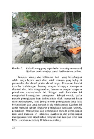 32
Gambar 5. 	 Koloni karang yang terpisah dari tempatnya menempel
dijadikan untuk menjaga pantai dari hantaman ombak.
Terumbu karang dan kehidupan laut yang berhubungan
selalu hanya berupa asset alam untuk manusia yang hidup di
pulau-pulau dan daerah pesisir daerah tropis. Penurunan kondisi
terumbu berhubungan lansung dengan hilangnya kesempatan
ekonomi dan, tidak mengherankan, bersamaan dengan kecepatan
pemiskinan daerah-daerah ini. Sebagai hasil, komunitas ini
menghadapi kemungkinan peningkatan. Sebagai contoh, ketika
metode penangkapan ikan berkelanjutan tidak memenuhi kuota
suatu penangkapan, tidak jarang metoda penangkapan yang tidak
berkelanjutan dan yang merusak selalu dilaksanakan. Keadaan ini
dapat memulai sebuah lingkaran peningkatan kerusakan teumbu,
penurunkan produktifitas dan peningkatan metode penangkapan
ikan yang merusak. Di Indonesia, overfishing dan penangkapan
menggunakan bom diperkirakan menghasilkan kerugian lebih dari
US$ 1,3 milyar menjelang 40 tahun mendatang.
 