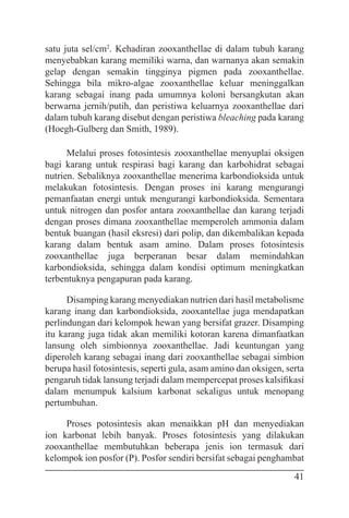 41
satu juta sel/cm2
. Kehadiran zooxanthellae di dalam tubuh karang
menyebabkan karang memiliki warna, dan warnanya akan semakin
gelap dengan semakin tingginya pigmen pada zooxanthellae.
Sehingga bila mikro-algae zooxanthellae keluar meninggalkan
karang sebagai inang pada umumnya koloni bersangkutan akan
berwarna jernih/putih, dan peristiwa keluarnya zooxanthellae dari
dalam tubuh karang disebut dengan peristiwa bleaching pada karang
(Hoegh-Gulberg dan Smith, 1989).
Melalui proses fotosintesis zooxanthellae menyuplai oksigen
bagi karang untuk respirasi bagi karang dan karbohidrat sebagai
nutrien. Sebaliknya zooxanthellae menerima karbondioksida untuk
melakukan fotosintesis. Dengan proses ini karang mengurangi
pemanfaatan energi untuk mengurangi karbondioksida. Sementara
untuk nitrogen dan posfor antara zooxanthellae dan karang terjadi
dengan proses dimana zooxanthellae memperoleh ammonia dalam
bentuk buangan (hasil eksresi) dari polip, dan dikembalikan kepada
karang dalam bentuk asam amino. Dalam proses fotosintesis
zooxanthellae juga berperanan besar dalam memindahkan
karbondioksida, sehingga dalam kondisi optimum meningkatkan
terbentuknya pengapuran pada karang.
Disamping karang menyediakan nutrien dari hasil metabolisme
karang inang dan karbondioksida, zooxantellae juga mendapatkan
perlindungan dari kelompok hewan yang bersifat grazer. Disamping
itu karang juga tidak akan memiliki kotoran karena dimanfaatkan
lansung oleh simbionnya zooxanthellae. Jadi keuntungan yang
diperoleh karang sebagai inang dari zooxanthellae sebagai simbion
berupa hasil fotosintesis, seperti gula, asam amino dan oksigen, serta
pengaruh tidak lansung terjadi dalam mempercepat proses kalsifikasi
dalam menumpuk kalsium karbonat sekaligus untuk menopang
pertumbuhan.
Proses potosintesis akan menaikkan pH dan menyediakan
ion karbonat lebih banyak. Proses fotosintesis yang dilakukan
zooxanthellae membutuhkan beberapa jenis ion termasuk dari
kelompok ion posfor (P). Posfor sendiri bersifat sebagai penghambat
 