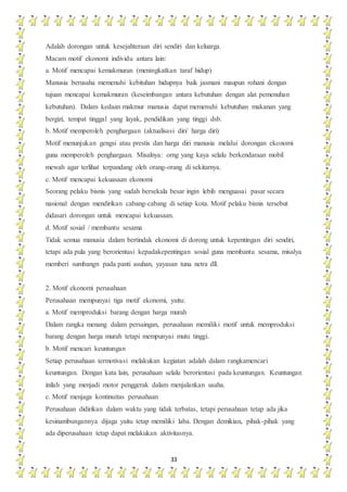 33
Adalah dorongan untuk kesejahteraan diri sendiri dan keluarga.
Macam motif ekonomi individu antara lain:
a. Motif mencapai kemakmuran (meningkatkan taraf hidup)
Manusia berusaha memenuhi kebituhan hidupnya baik jasmani maupun rohani dengan
tujuan mencapai kemakmuran (keseimbangan antara kebutuhan dengan alat pemenuhan
kebutuhan). Dalam kedaan makmur manusia dapat memenuhi kebutuhan makanan yang
bergizi, tempat tinggal yang layak, pendidikan yang tinggi dsb.
b. Motif memperoleh penghargaan (aktualisasi diri/ harga diri)
Motif menunjukan gengsi atau prestis dan harga diri manusia melalui dorongan ekonomi
guna memperoleh penghargaan. Misalnya: orng yang kaya selalu berkendaraan mobil
mewah agar terlihat terpandang oleh orang-orang di sekitarnya.
c. Motif mencapai kekuasaan ekonomi
Seorang pelaku bisnis yang sudah bersekala besar ingin lebih menguasai pasar secara
nasional dengan mendirikan cabang-cabang di setiap kota. Motif pelaku bisnis tersebut
didasari dorongan untuk mencapai kekuasaan.
d. Motif sosial / membantu sesama
Tidak semua manusia dalam bertindak ekonomi di dorong untuk kepentingan diri sendiri,
tetapi ada pula yang berorientasi kepadakepentingan sosial guna membantu sesama, misalya
memberi sumbangn pada panti asuhan, yayasan tuna netra dll.
2. Motif ekonomi perusahaan
Perusahaan mempunyai tiga motif ekonomi, yaitu:
a. Motif memproduksi barang dengan harga murah
Dalam rangka menang dalam persaingan, perusahaan memiliki motif untuk memproduksi
barang dengan harga murah tetapi mempunyai mutu tinggi.
b. Motif mencari keuntungan
Setiap perusahaan termotivasi melakukan kegiatan adalah dalam rangkamencari
keuntungan. Dengan kata lain, perusahaan selalu berorientasi pada keuntungan. Keuntungan
inilah yang menjadi motor penggerak dalam menjalankan usaha.
c. Motif menjaga kontinuitas perusahaan
Perusahaan didirikan dalam waktu yang tidak terbatas, tetapi perusahaan tetap ada jika
kesinambungannya dijaga yaitu tetap memiliki laba. Dengan demikian, pihak-pihak yang
ada diperusahaan tetap dapat melakukan aktivitasnya.
 