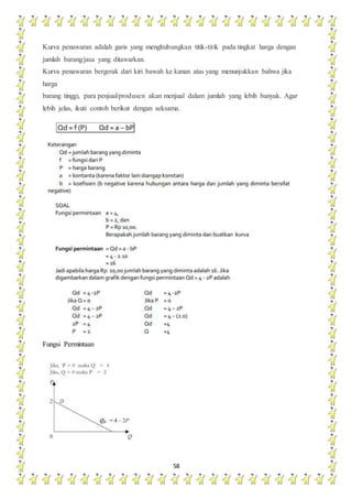 58
Kurva penawaran adalah garis yang menghubungkan titik-titik pada tingkat harga dengan
jumlah barang/jasa yang ditawarkan.
Kurva penawaran bergerak dari kiri bawah ke kanan atas yang menunjukkan bahwa jika
harga
barang tinggi, para penjual/produsen akan menjual dalam jumlah yang lebih banyak. Agar
lebih jelas, ikuti contoh berikut dengan seksama.
Fungsi Permintaan
 