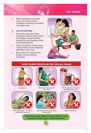 5
4. 	 Boleh melakukan hubungan
suami istri selama hamil.
Tanyakan ke petugas kesehatan
cara yang aman.
5.	 Aktivitas Fisik	
• 	 Ibu hamil yang sehat dapat
melakukan aktivitas fisik sehari-
hari dengan memperhatikan
kondisi ibu dan keamanan janin
yang dikandungnya.
•	 Suami membantu istrinya yang
sedang hamil untuk melakukan
pekerjaan sehari-hari.
• 	 Ikuti senam ibu hamil sesuai
dengan anjuran petugas
kesehatan.
IBU HAMIL
Tanyakan kepada Bidan/Perawat/Dokter untuk
penjelasan lebih lanjut terkait kehamilan
Kerja berat
YANG HARUS DIHINDARI IBU SELAMA HAMIL
Merokok atau terpapar
asap rokok
Minum minuman bersoda,
beralkohol dan jamu
Tidur terlentang > 10 menit
pada masa hamil tua
Ibu hamil minum obat tanpa
resep dokter
Stress berlebihan.
 