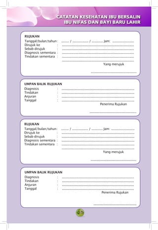 25
		
		
		
		
RUJUKAN
Tanggal/bulan/tahun	:	 ........ / ................. / ............ Jam:  ........................
Dirujuk ke 	 : . ..............................................................................
Sebab dirujuk 	 : . ..............................................................................
Diagnosis sementara 	: . ..............................................................................
Tindakan sementara 	: . ..............................................................................
	. ..............................................................................
	 Yang merujuk
	 .................................................
UMPAN BALIK RUJUKAN
Diagnosis 	 : . ...............................................................................
Tindakan 	 : . ...............................................................................
Anjuran 	 : . ...............................................................................
Tanggal 	 :. ...............................................................................
	 Penerima Rujukan
..................................................
RUJUKAN
Tanggal/bulan/tahun	:	 ........ / ................. / ............ Jam: ..........................
Dirujuk ke 	 : . ...............................................................................
Sebab dirujuk 	 : . ...............................................................................
Diagnosis sementara 	: . ...............................................................................
Tindakan sementara 	: . ...............................................................................
	. ...............................................................................
	 Yang merujuk
	 .................................................
UMPAN BALIK RUJUKAN
Diagnosis 	 : . ..............................................................................
Tindakan 	 : . ..............................................................................
Anjuran 	 : . ..............................................................................
Tanggal 	 : . ..............................................................................
			 Penerima Rujukan
		 ..............................................
CATATAN KESEHATAN IBU BERSALIN
IBU NIFAS DAN BAYI BARU LAHIR
 