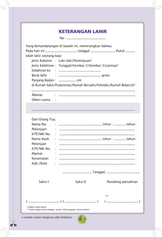 31
No : .........................................
Yang bertandatangan di bawah ini, menerangkan bahwa;
Pada hari ini ................................, tanggal ........................., Pukul ..........
telah lahir seorang bayi:
Jenis Kelamin 	 : 	 Laki-laki/Perempuan*
Jenis Kelahiran 	: 	 Tunggal/Kembar 2/Kembar 3/Lainnya*
Kelahiran ke 	 : 	 ............................................
Berat lahir 	 : 	 ............................................ gram
Panjang Badan : 	 .................. cm
di Rumah Sakit/Puskesmas/Rumah Bersalin/Polindes/Rumah Bidan/di*
............................................................................................................
Alamat : 	 ................................................................................
Diberi nama 	 :
............................................................................................................
Dari Orang Tua;
Nama Ibu 	 : 	 ............................................. Umur : ............ tahun
Pekerjaan 	 : . ................................................................................
KTP/NIK No. 	 : . ................................................................................
Nama Ayah 	 : 	 ............................................. Umur : ............ tahun
Pekerjaan 	 : . ................................................................................
KTP/NIK No.	 : . ................................................................................
Alamat : . ................................................................................
Kecamatan 	 : . ................................................................................
Kab./Kota 	 : . ................................................................................
KETERANGAN LAHIR
............................., Tanggal, ...................................	
Saksi I	 Saksi II	 Penolong persalinan		
**
	( ................................. )	( ................................. )	 ( ................................. )
* Lingkari yang sesuai
** Tanda tangan,nama lengkap, nomor induk pegawai, nama instansi
• Lembar untuk mengurus akte kelahiran
 